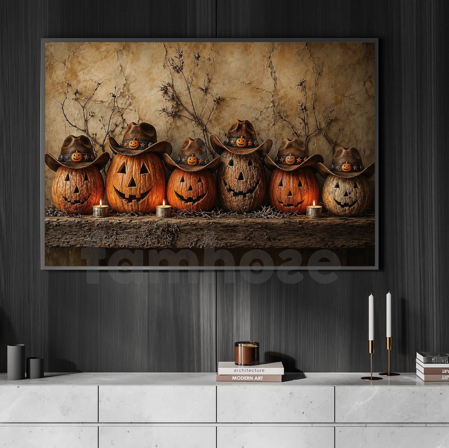 Halloween Cowboy Pumpkins Canvas Painting, Jack O Lantern Western Wall Art Decor, Spooky Season Poster Gift For Cowboys, Pumpkins Lover