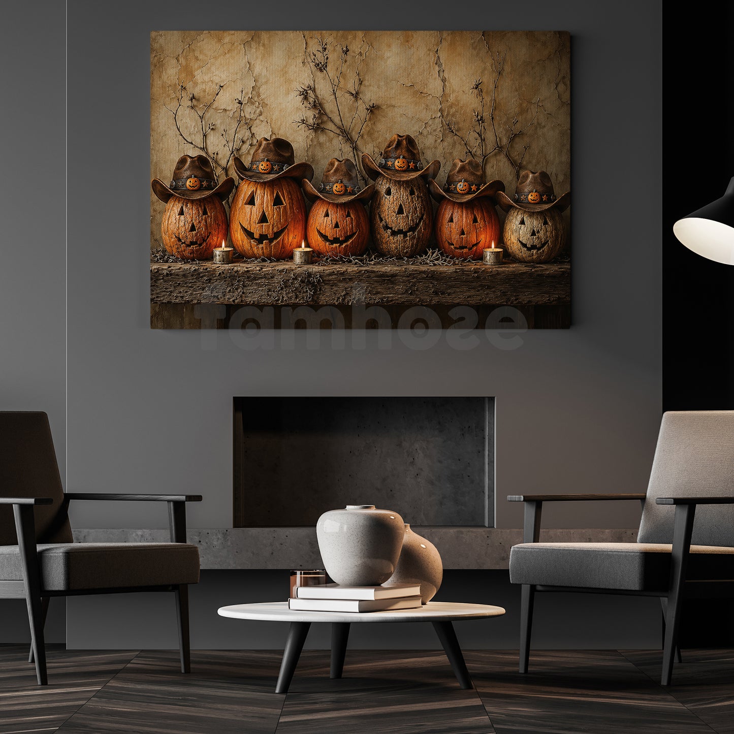 Halloween Cowboy Pumpkins Canvas Painting, Jack O Lantern Western Wall Art Decor, Spooky Season Poster Gift For Cowboys, Pumpkins Lover