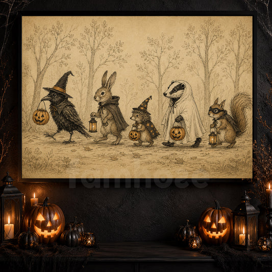 Vintage Halloween Woodland Animals Canvas Painting, Tiny Creatures Big Halloween Adventures Wall Art Decor, Spooky Season Poster Gift