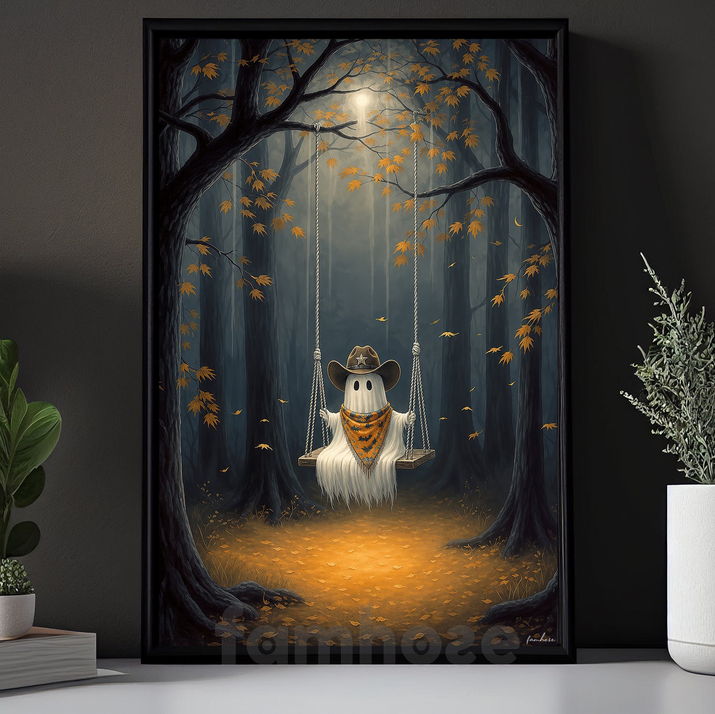 Halloween Cowboy Ghost Canvas Painting, Just A Little Cowboo On A Midnight Swing Wall Art Decor, Spooky Season Poster Gift For Cowboys