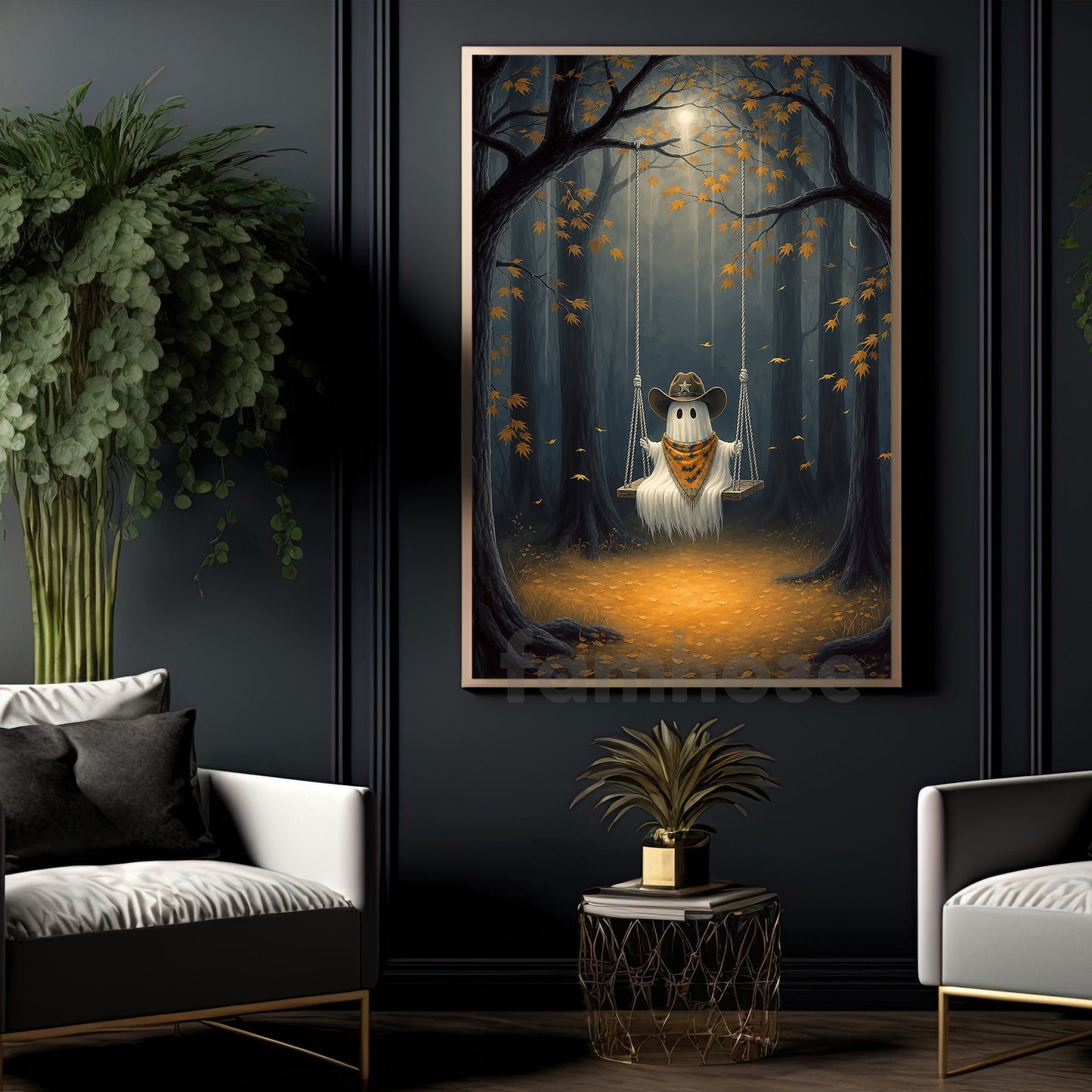 Halloween Cowboy Ghost Canvas Painting, Just A Little Cowboo On A Midnight Swing Wall Art Decor, Spooky Season Poster Gift For Cowboys
