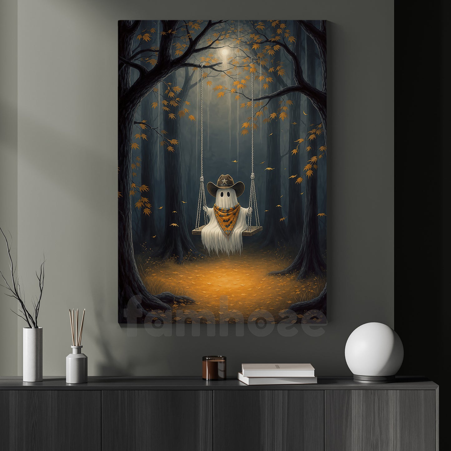 Halloween Cowboy Ghost Canvas Painting, Just A Little Cowboo On A Midnight Swing Wall Art Decor, Spooky Season Poster Gift For Cowboys