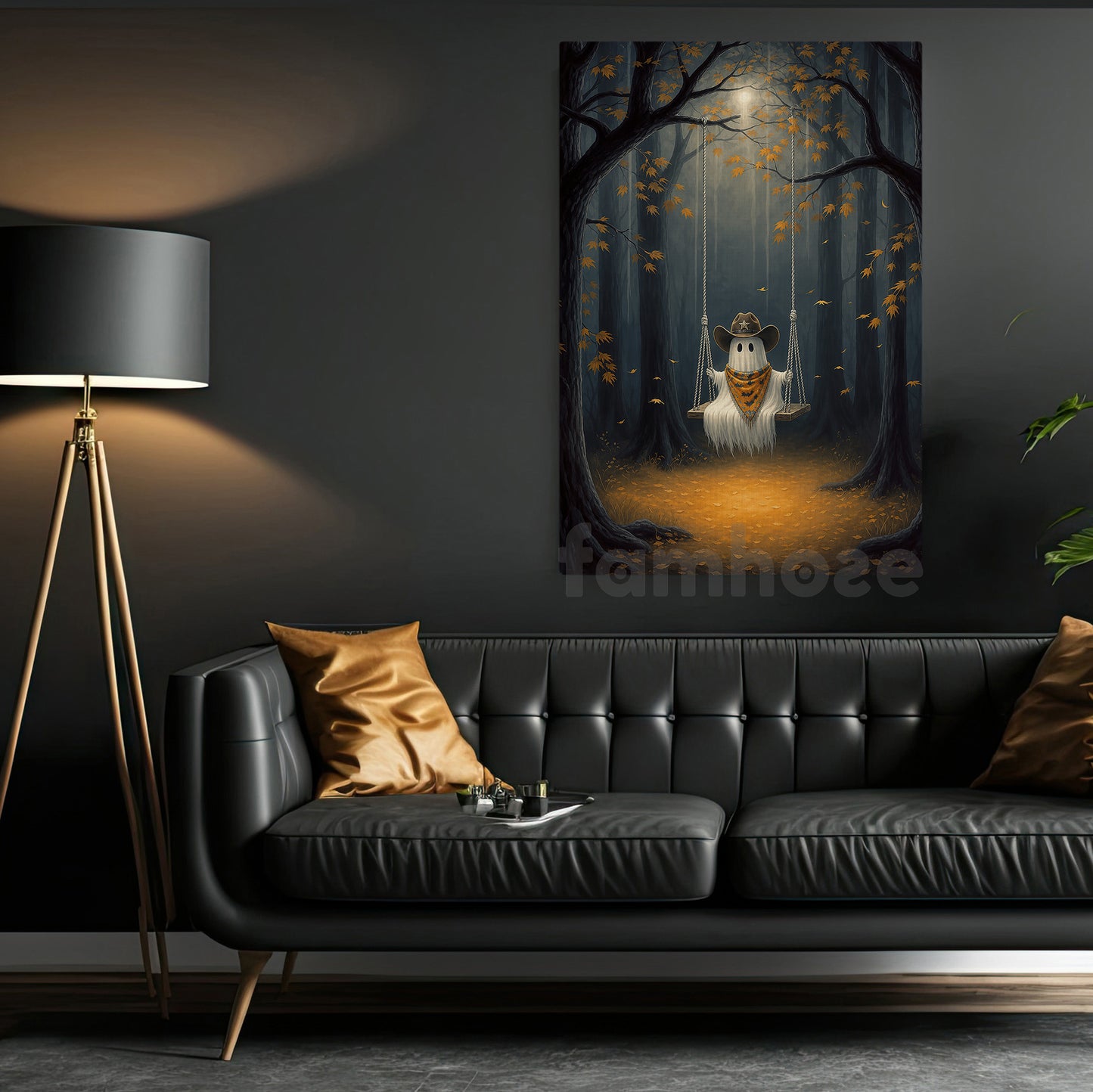 Halloween Cowboy Ghost Canvas Painting, Just A Little Cowboo On A Midnight Swing Wall Art Decor, Spooky Season Poster Gift For Cowboys