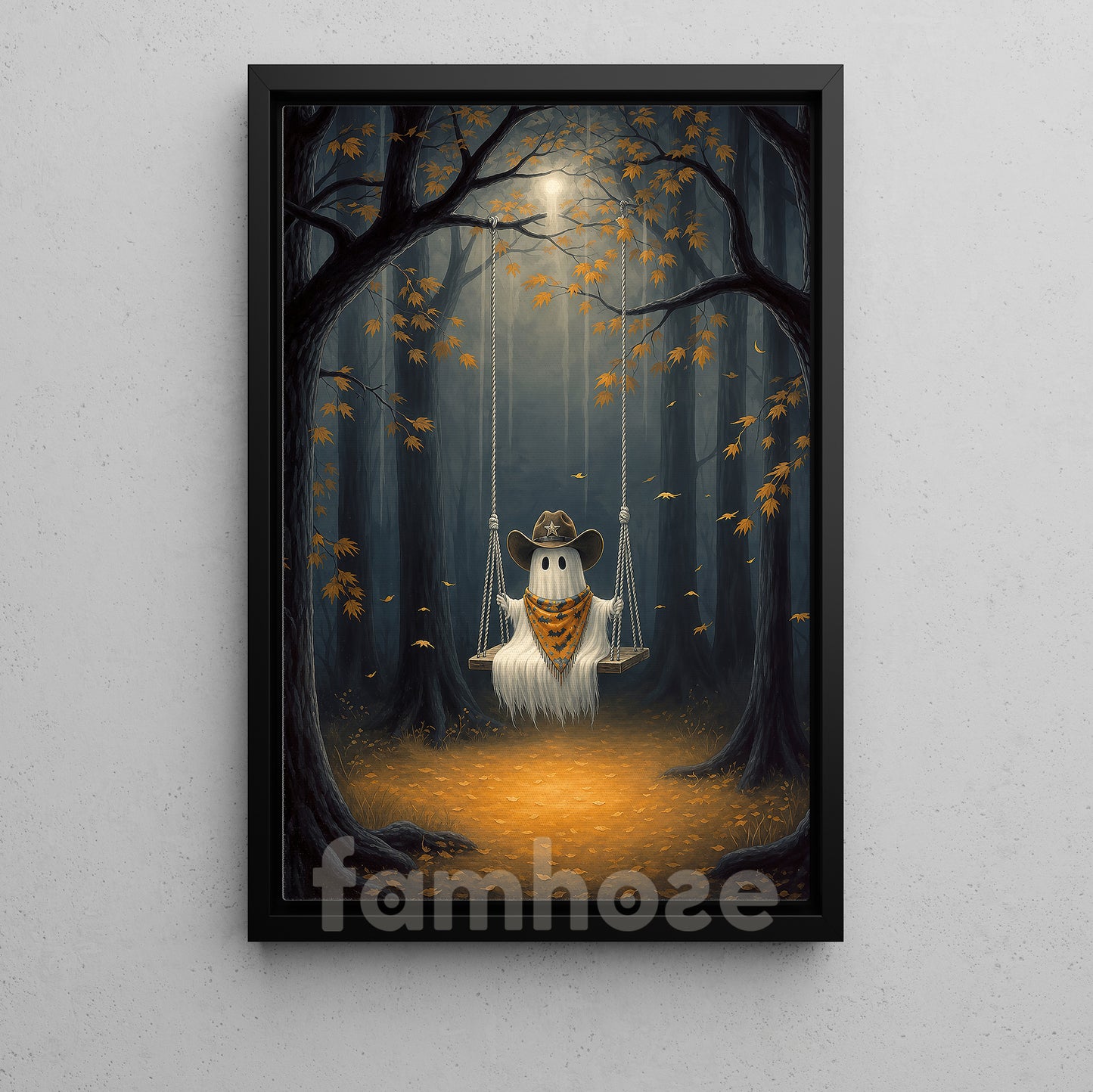 Halloween Cowboy Ghost Canvas Painting, Just A Little Cowboo On A Midnight Swing Wall Art Decor, Spooky Season Poster Gift For Cowboys