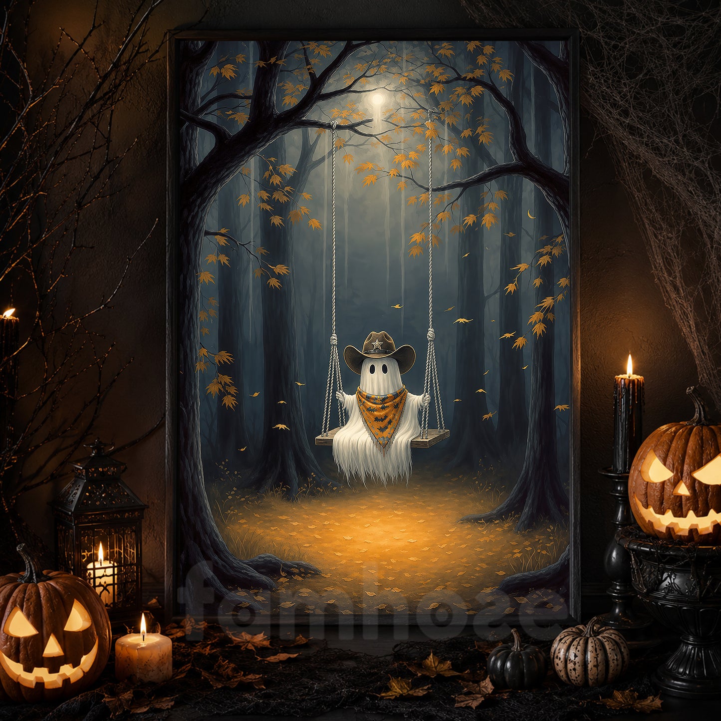 Halloween Cowboy Ghost Canvas Painting, Just A Little Cowboo On A Midnight Swing Wall Art Decor, Spooky Season Poster Gift For Cowboys