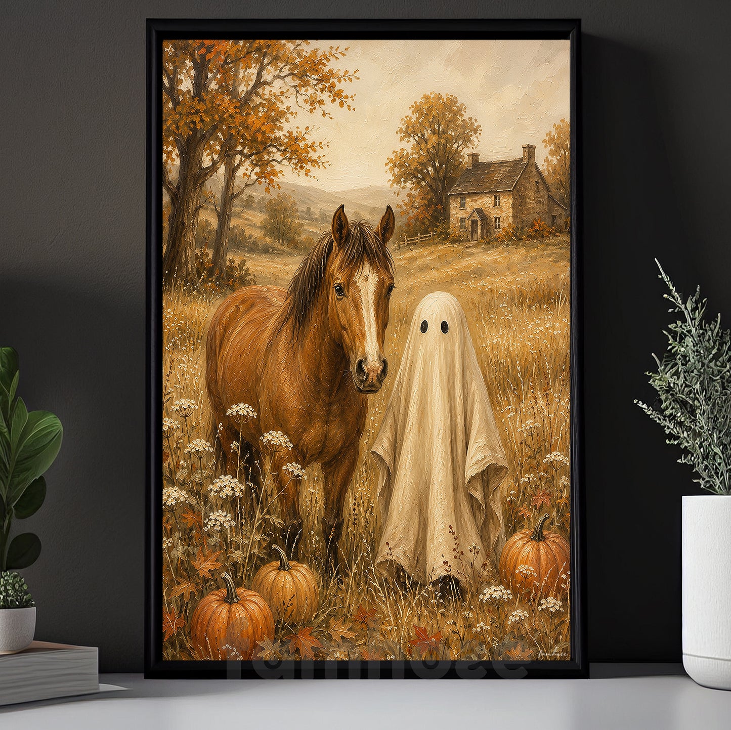 Halloween Horse Ghost Canvas Painting, My Boo & My Horse Cozy Wall Art Decor, Spooky Season Poster Gift For Horse Lover