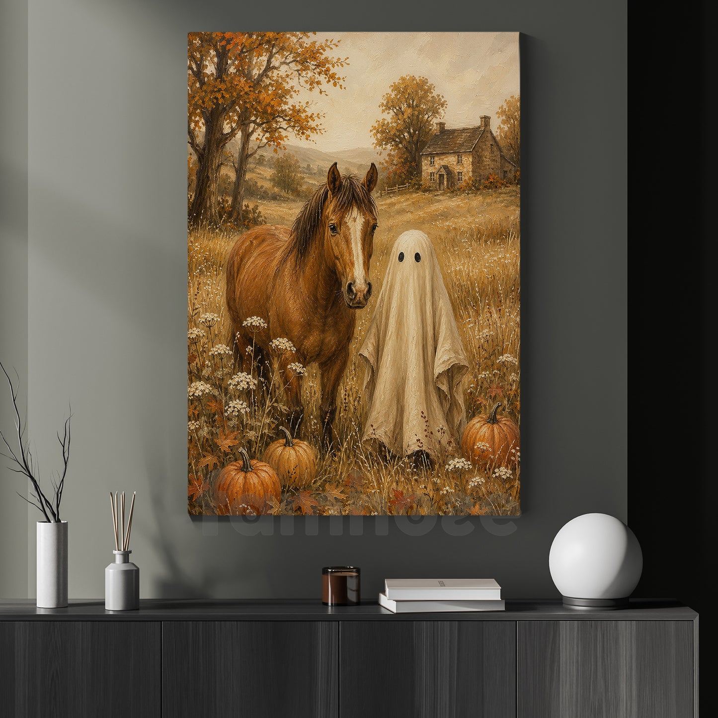 Halloween Horse Ghost Canvas Painting, My Boo & My Horse Cozy Wall Art Decor, Spooky Season Poster Gift For Horse Lover