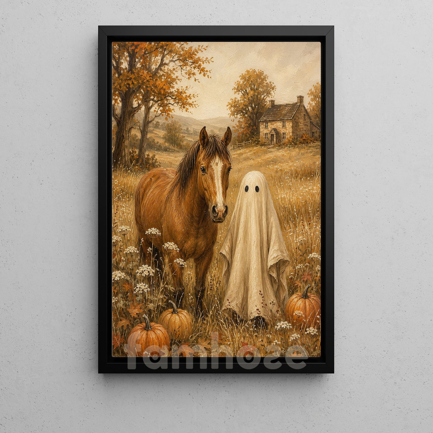 Halloween Horse Ghost Canvas Painting, My Boo & My Horse Cozy Wall Art Decor, Spooky Season Poster Gift For Horse Lover