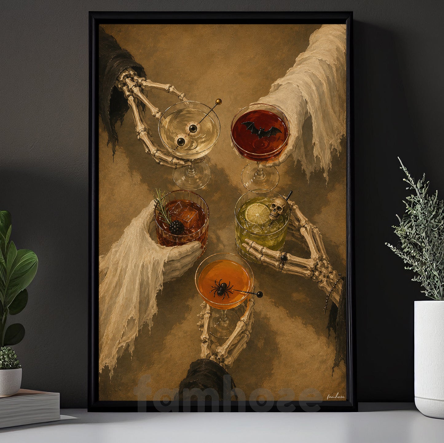 Halloween Ghost And Skeleton Drinking Canvas Painting, One More Drink Before We Haunt Wall Art Decor, Spooky Season Poster Gift For Cocktail Lover