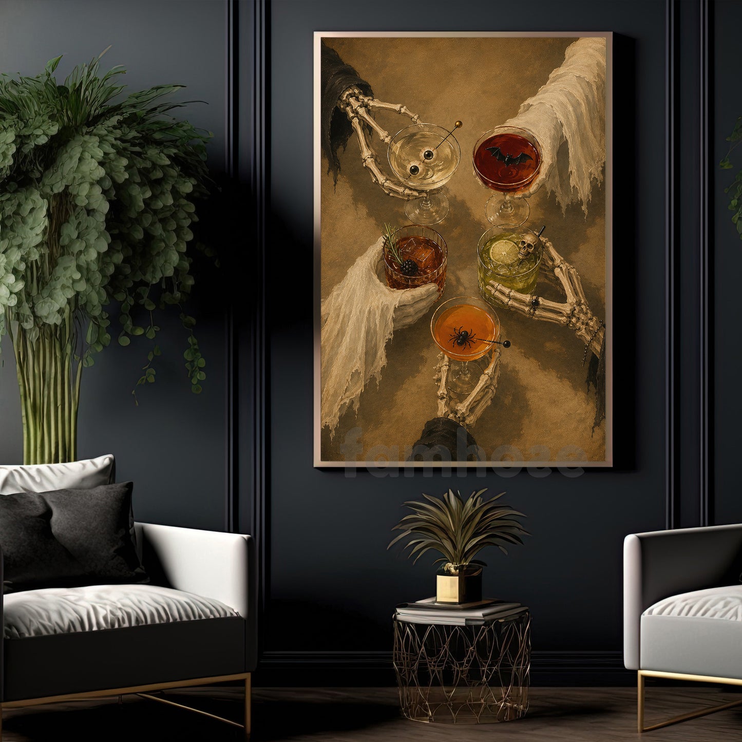 Halloween Ghost And Skeleton Drinking Canvas Painting, One More Drink Before We Haunt Wall Art Decor, Spooky Season Poster Gift For Cocktail Lover