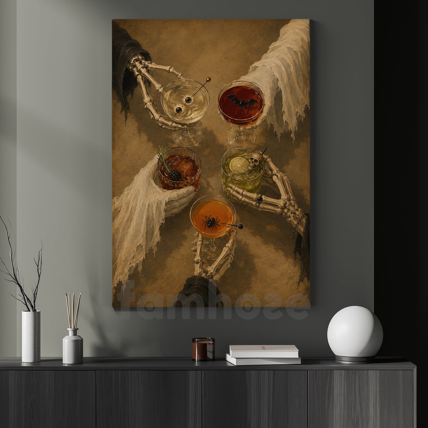Halloween Ghost And Skeleton Drinking Canvas Painting, One More Drink Before We Haunt Wall Art Decor, Spooky Season Poster Gift For Cocktail Lover