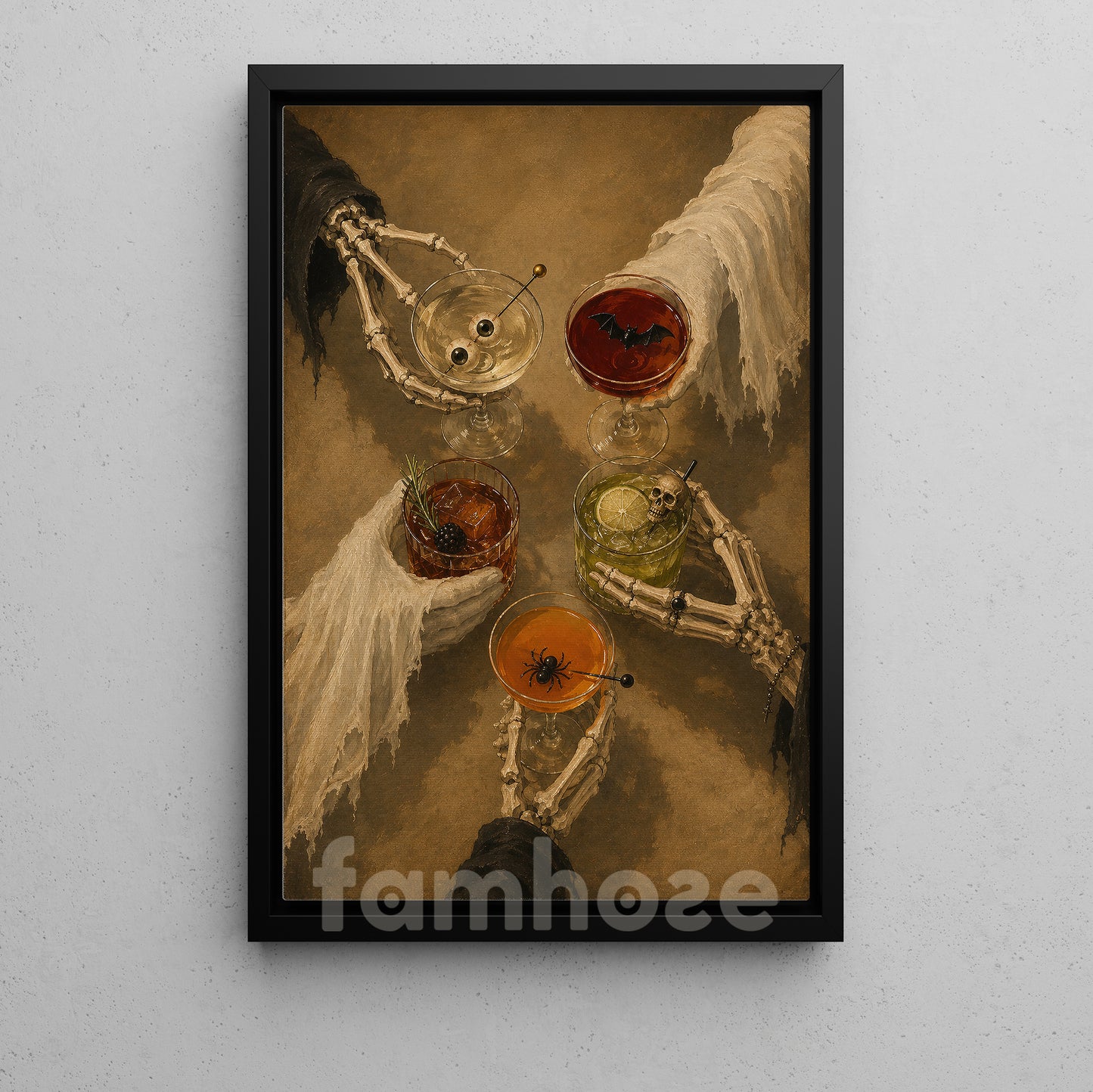 Halloween Ghost And Skeleton Drinking Canvas Painting, One More Drink Before We Haunt Wall Art Decor, Spooky Season Poster Gift For Cocktail Lover