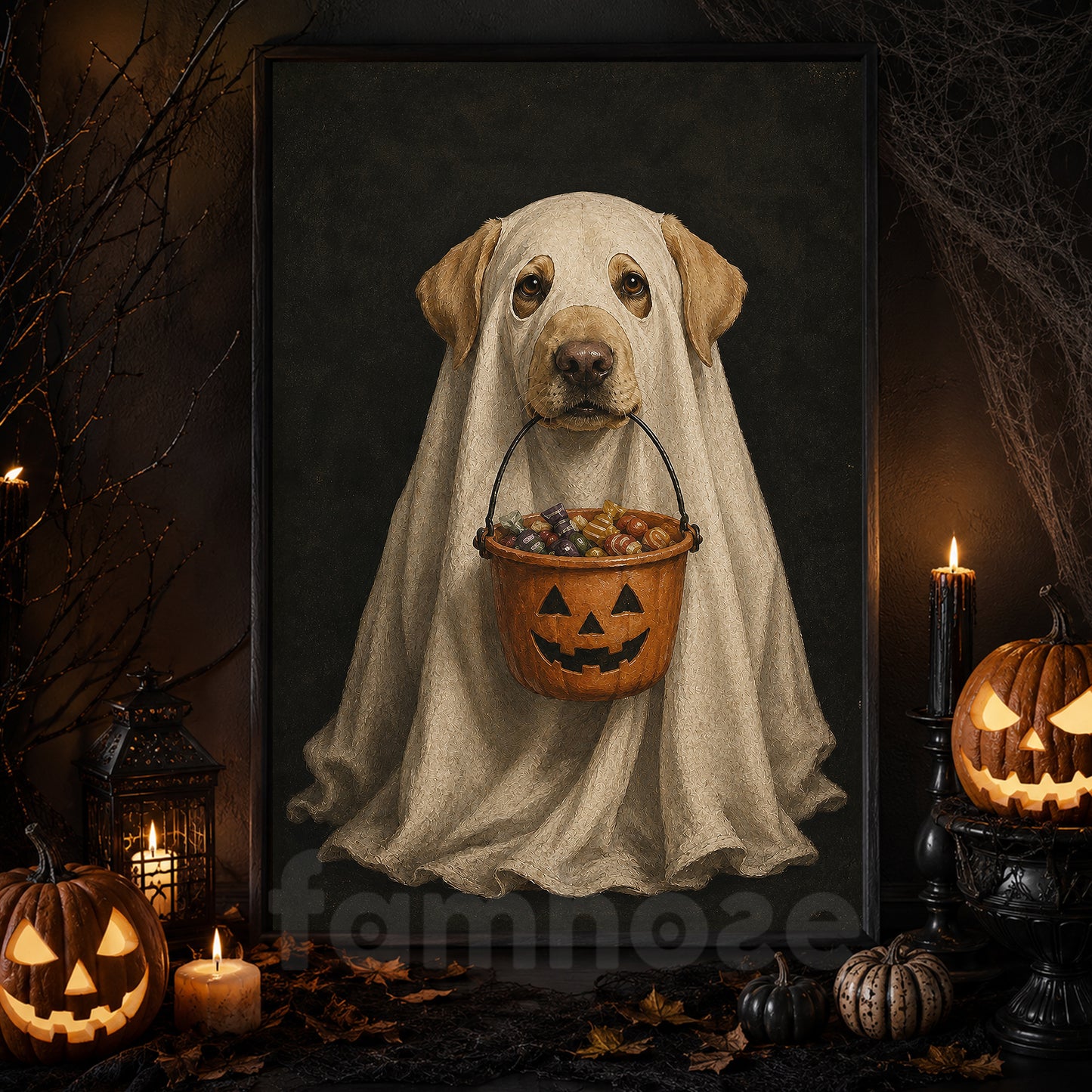 Halloween Labrador Dog Ghost Canvas Painting, Trick or Treat Wall Art Decor, Spooky Season Poster Gift For Dog Lover