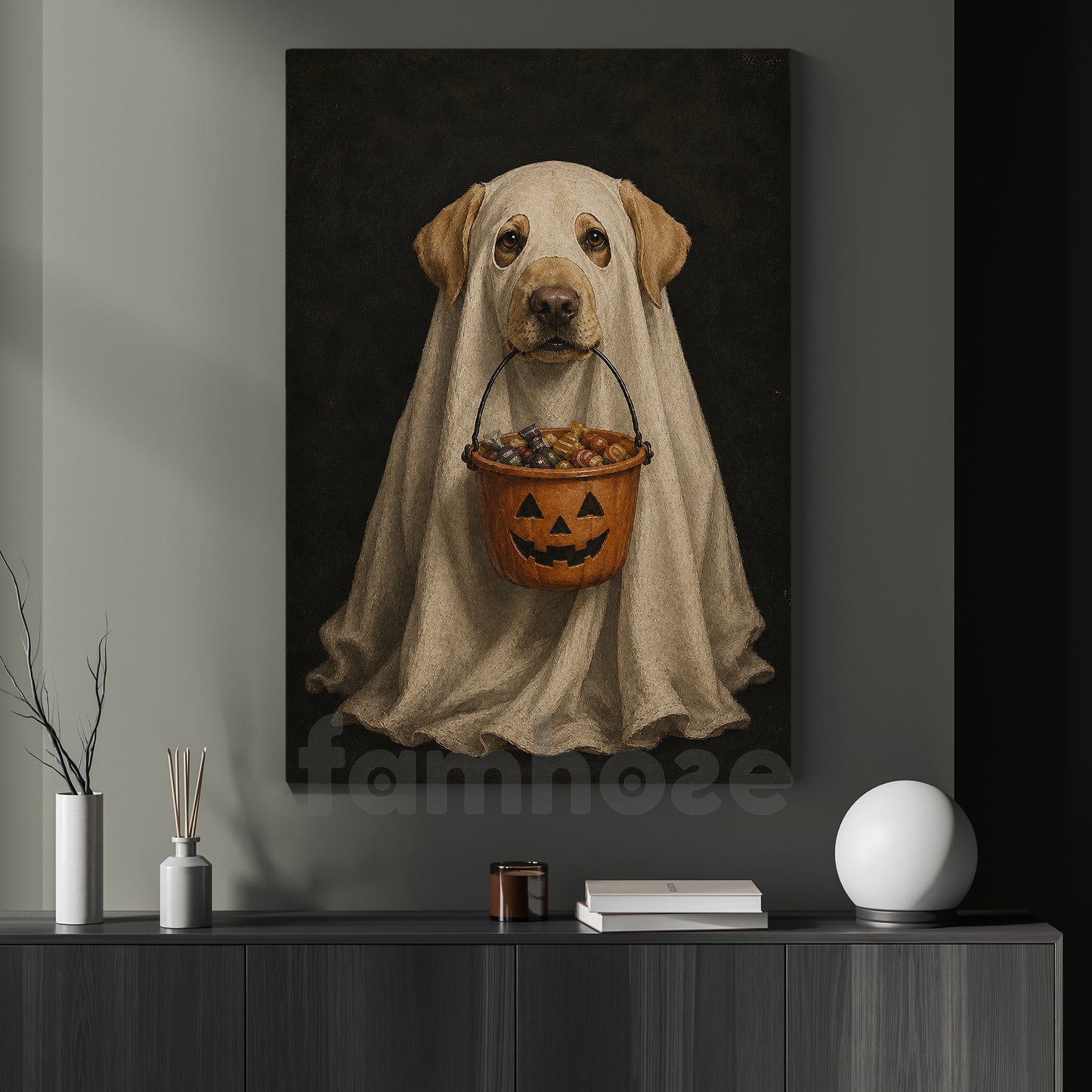 Halloween Labrador Dog Ghost Canvas Painting, Trick or Treat Wall Art Decor, Spooky Season Poster Gift For Dog Lover