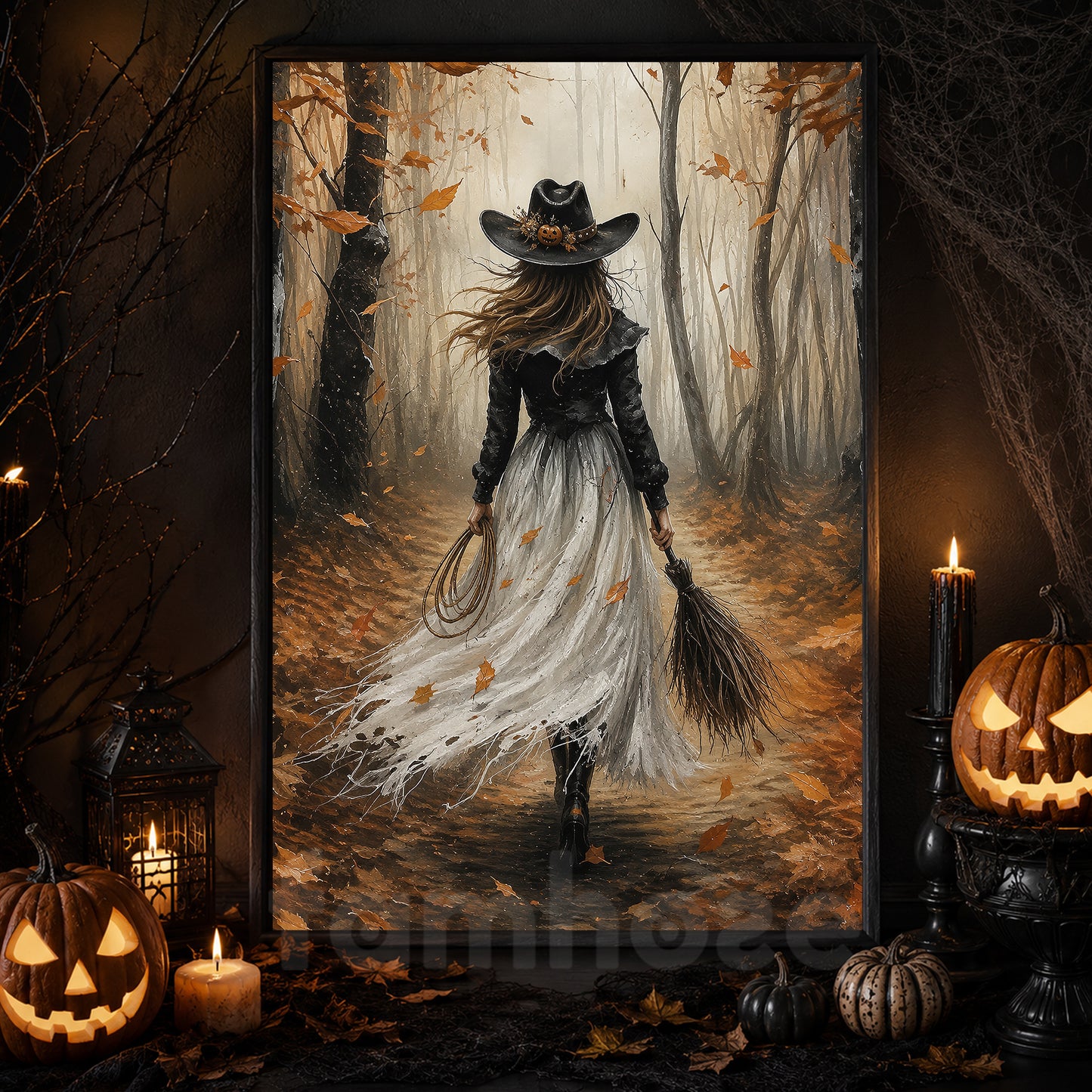 Halloween Cowgirl Witch Canvas Painting, Boots, Brooms & Bad Decisions Wall Art Decor, Fall Spooky Season Poster Gift For Cowgirls, Witch Lover