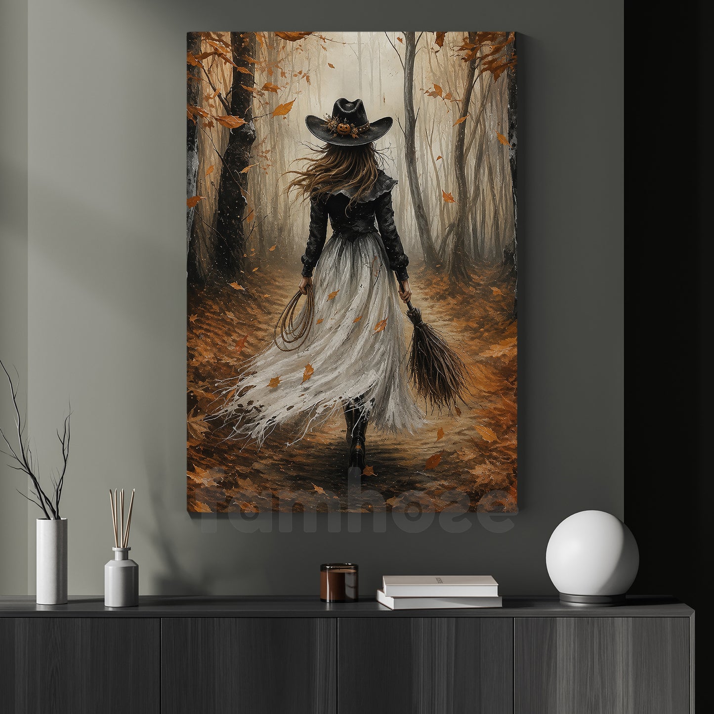 Halloween Cowgirl Witch Canvas Painting, Boots, Brooms & Bad Decisions Wall Art Decor, Fall Spooky Season Poster Gift For Cowgirls, Witch Lover