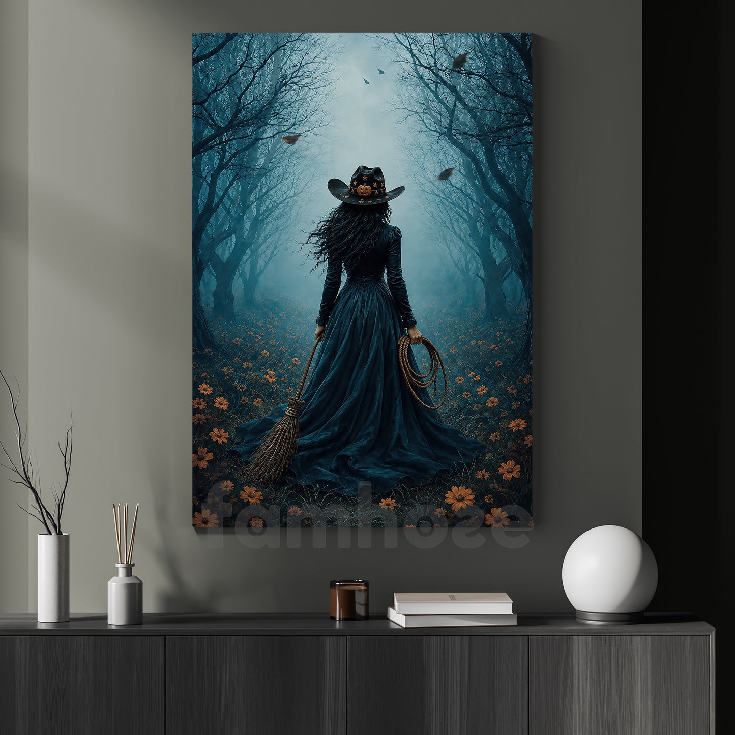 Halloween Cowgirl Witch Canvas Painting, Wicked In The Wild West Wall Art Decor, Spooky Season Poster Gift For Cowgirls, Witch Lover