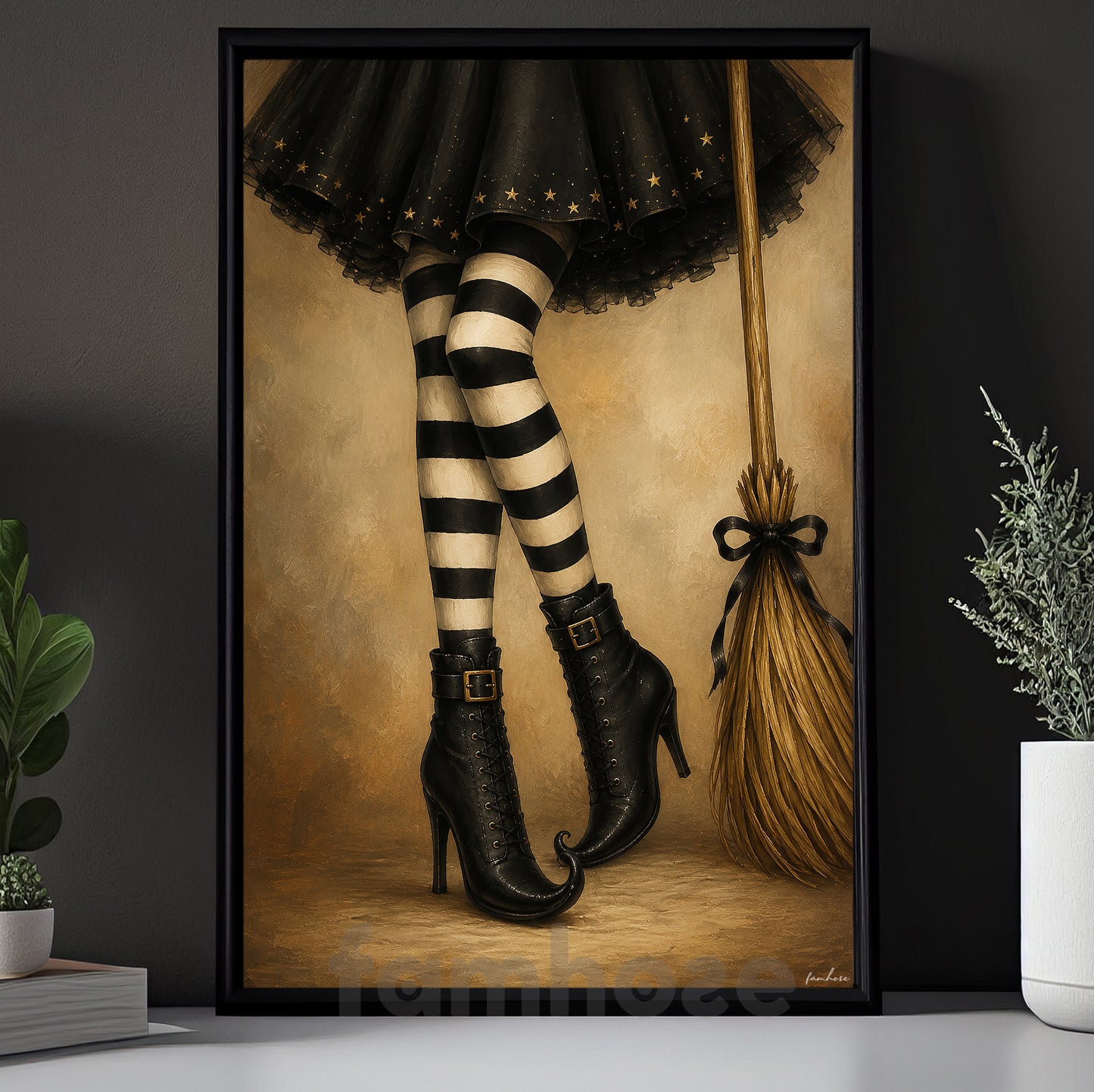 Halloween Witch Legs Canvas Painting, Black And White Striped Stockings Wall Art Decor, Spooky Season Poster Gift For Witch Lover