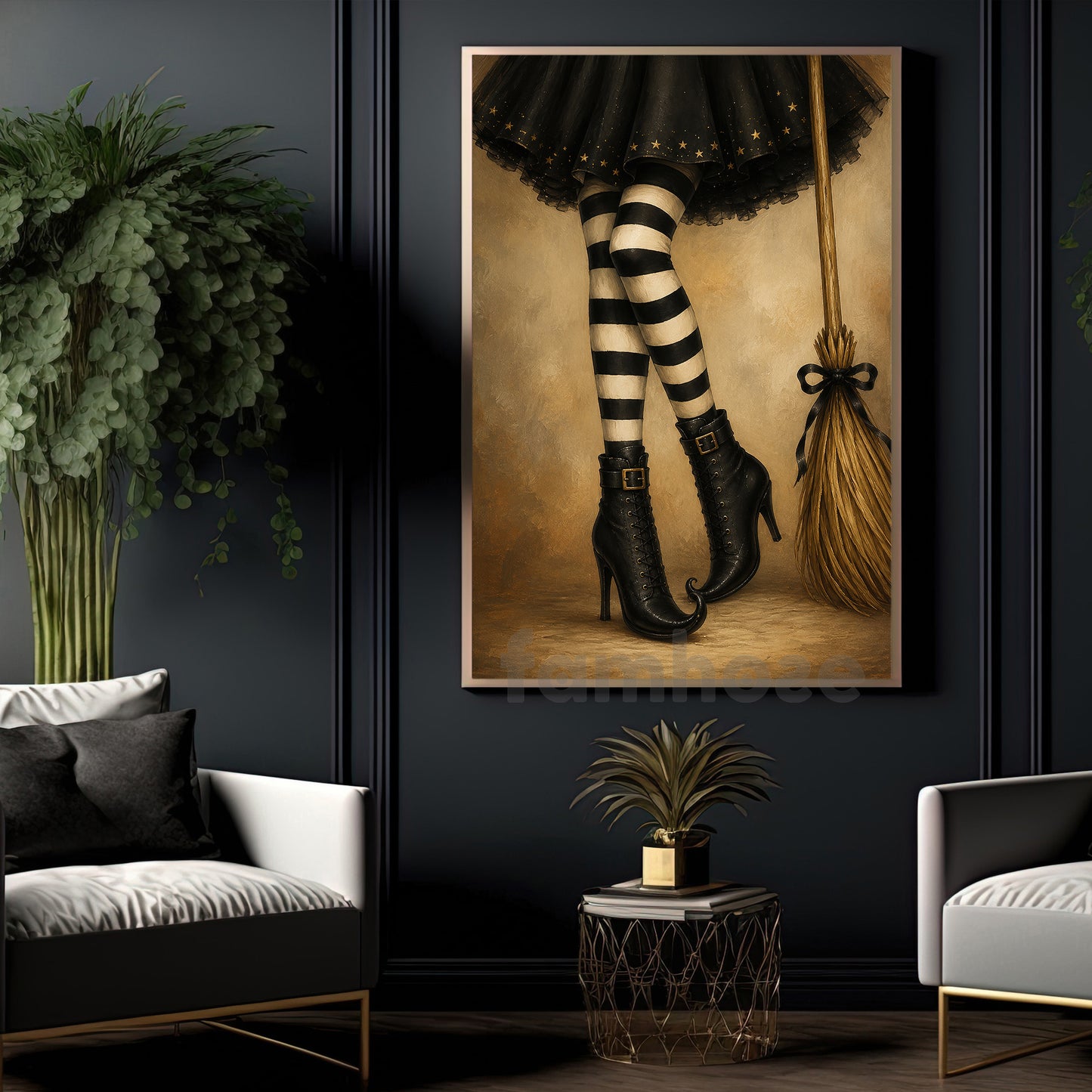 Halloween Witch Legs Canvas Painting, Black And White Striped Stockings Wall Art Decor, Spooky Season Poster Gift For Witch Lover