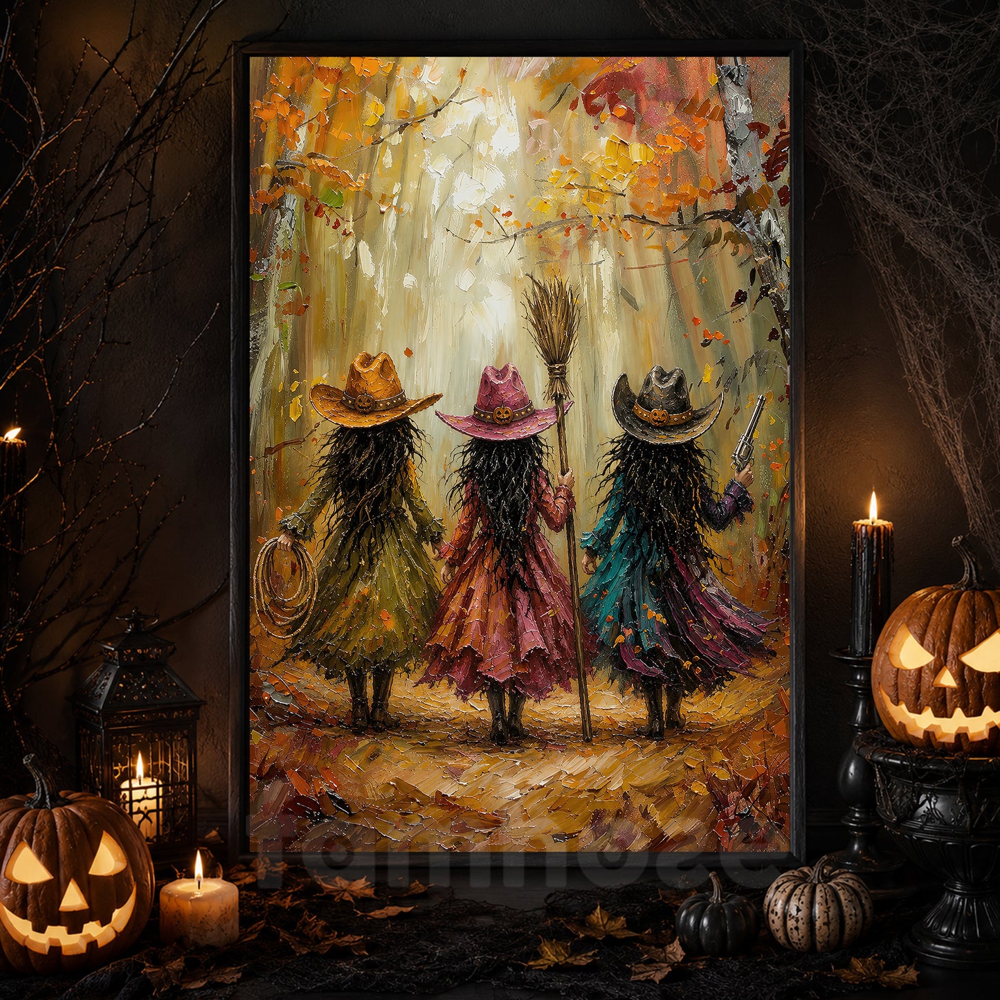 Halloween Three Cowgirl Witches Canvas Painting, Boots, Brooms & Besties Wall Art Decor, Fall Spooky Season Poster Gift For Cowgirls, Witch Lover