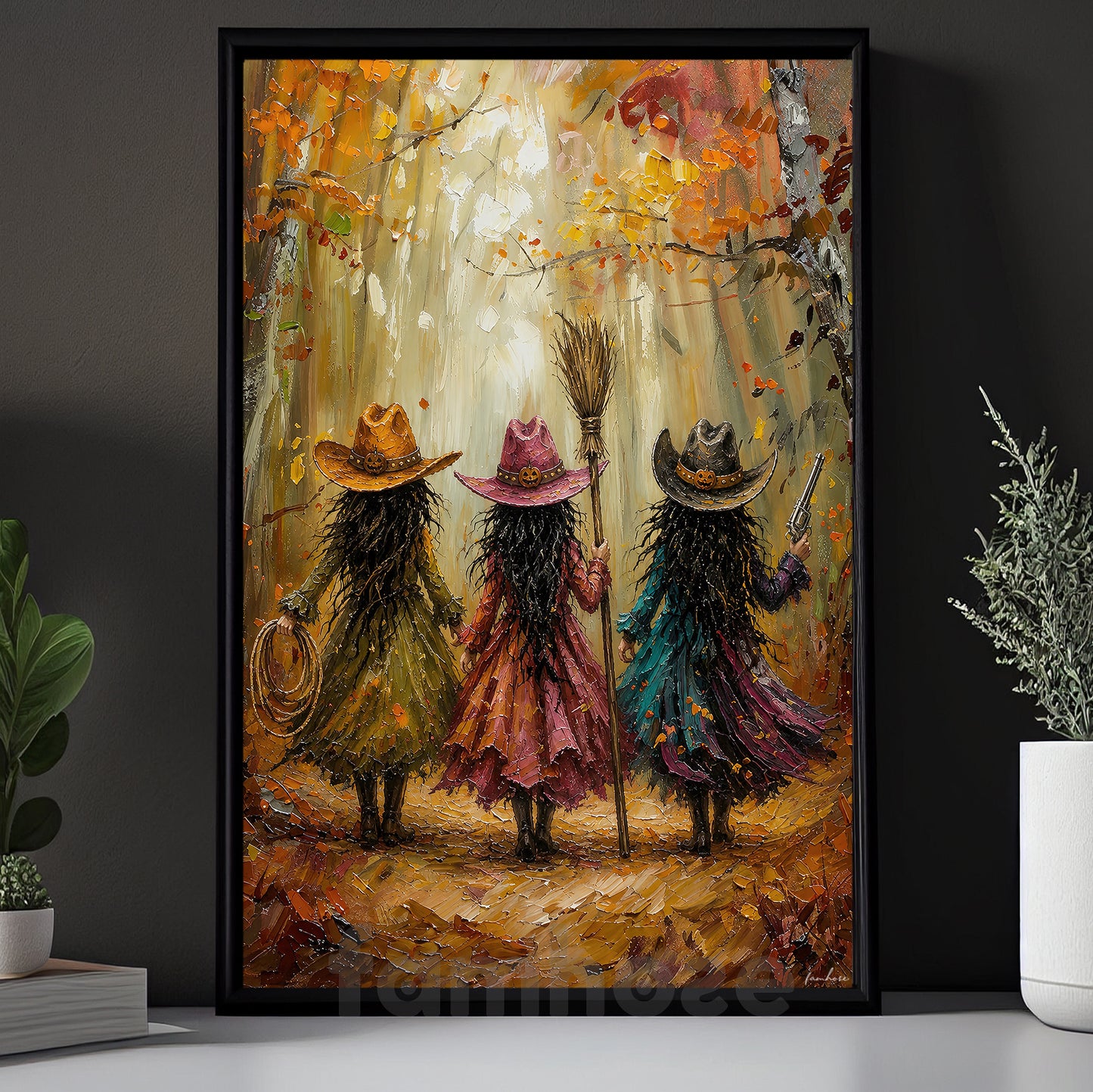 Halloween Three Cowgirl Witches Canvas Painting, Boots, Brooms & Besties Wall Art Decor, Fall Spooky Season Poster Gift For Cowgirls, Witch Lover