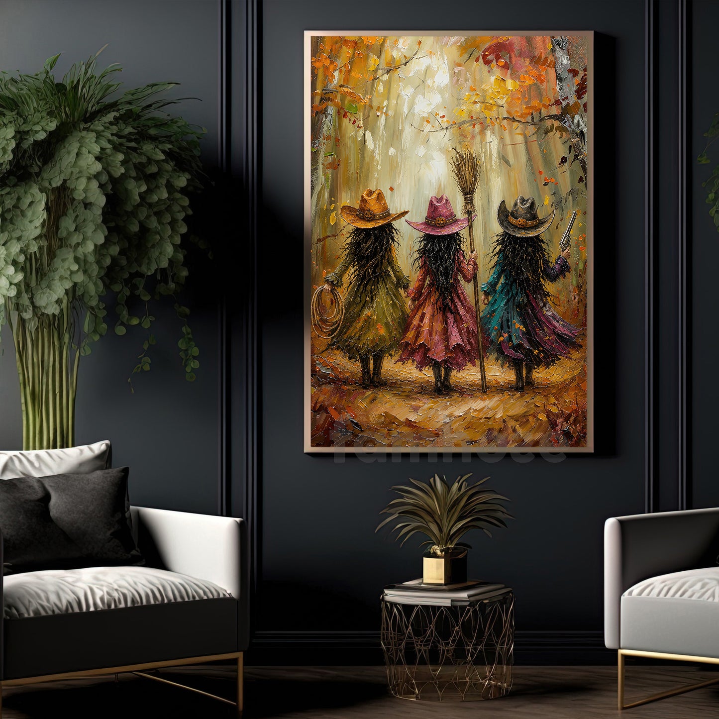 Halloween Three Cowgirl Witches Canvas Painting, Boots, Brooms & Besties Wall Art Decor, Fall Spooky Season Poster Gift For Cowgirls, Witch Lover
