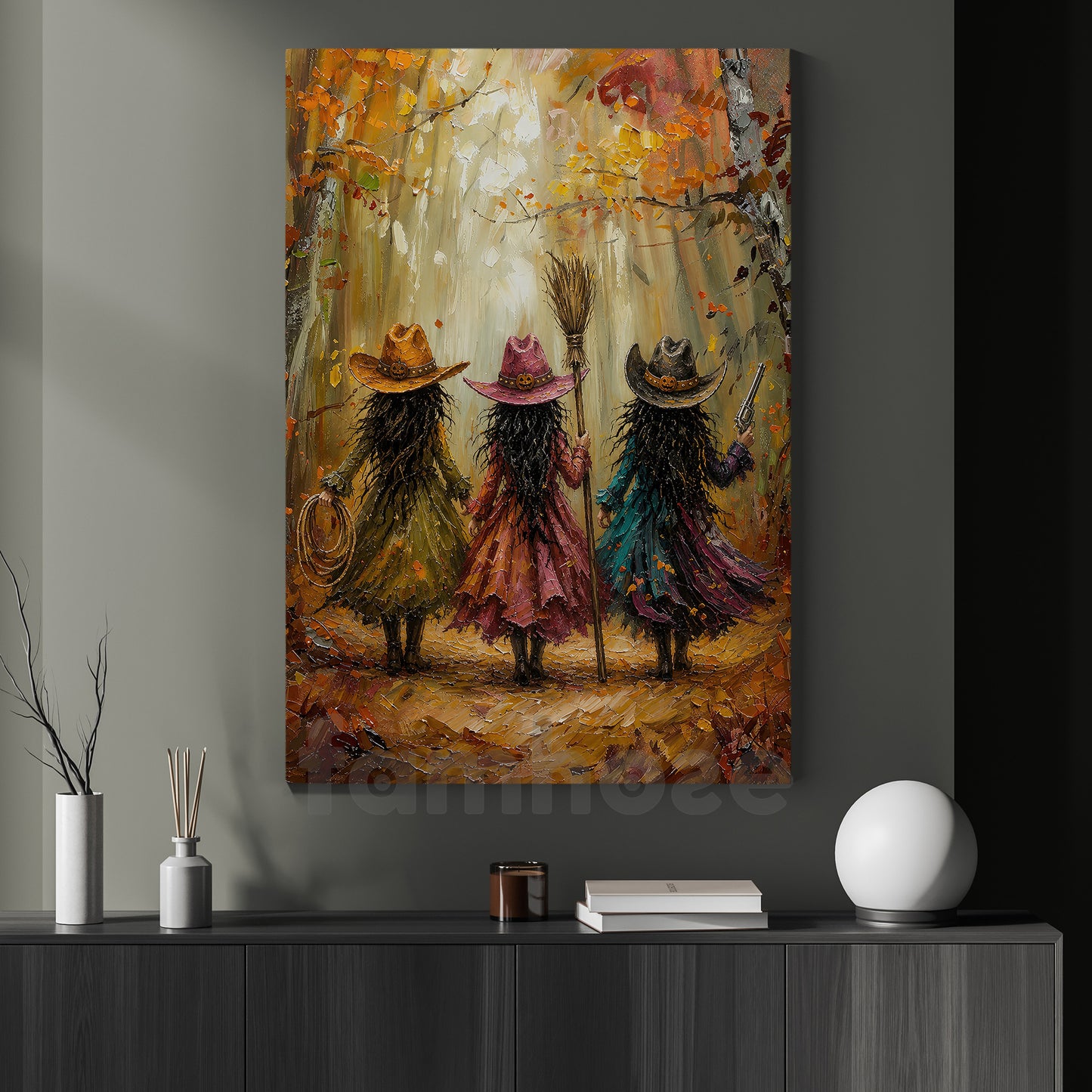 Halloween Three Cowgirl Witches Canvas Painting, Boots, Brooms & Besties Wall Art Decor, Fall Spooky Season Poster Gift For Cowgirls, Witch Lover