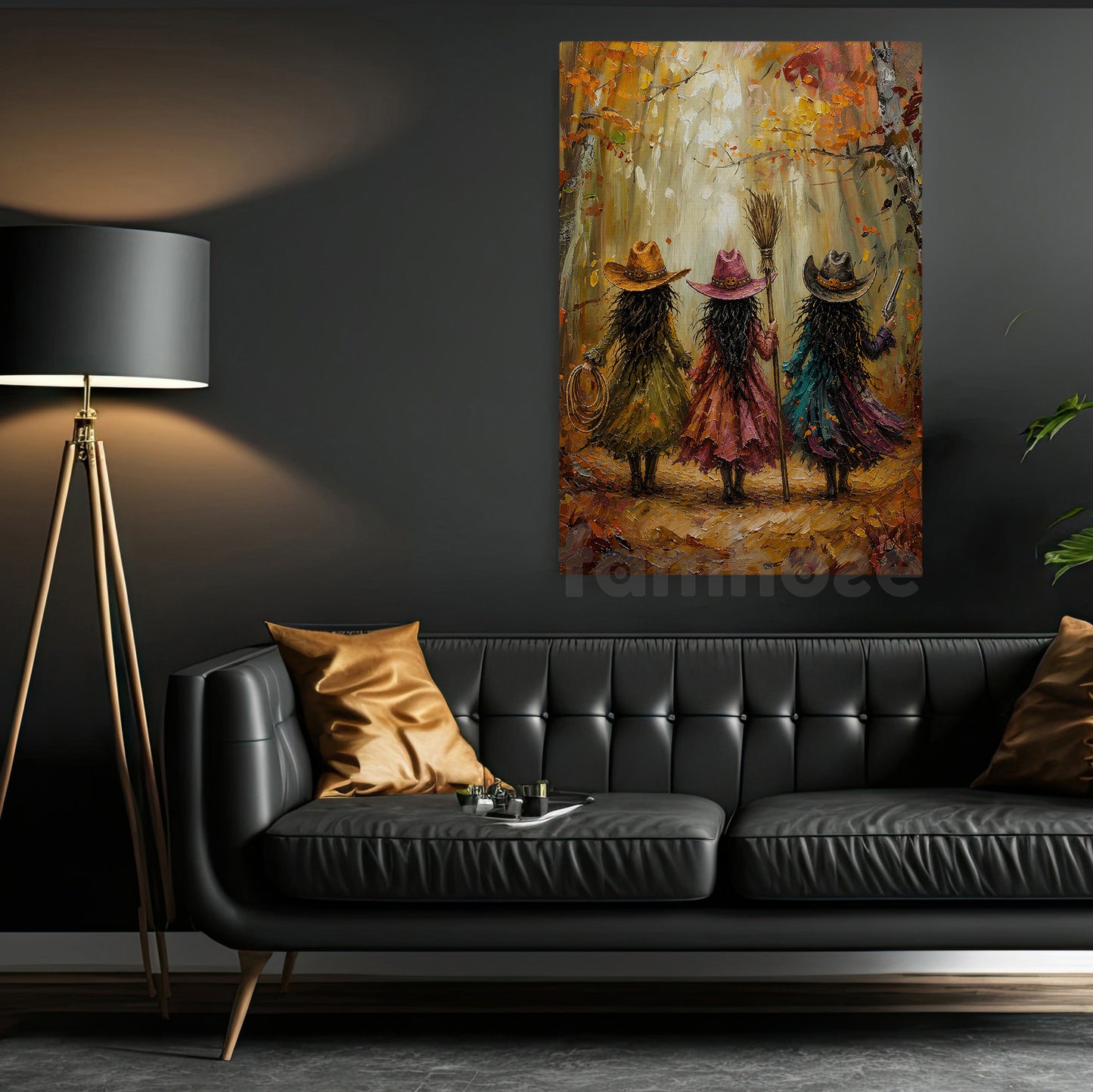 Halloween Three Cowgirl Witches Canvas Painting, Boots, Brooms & Besties Wall Art Decor, Fall Spooky Season Poster Gift For Cowgirls, Witch Lover