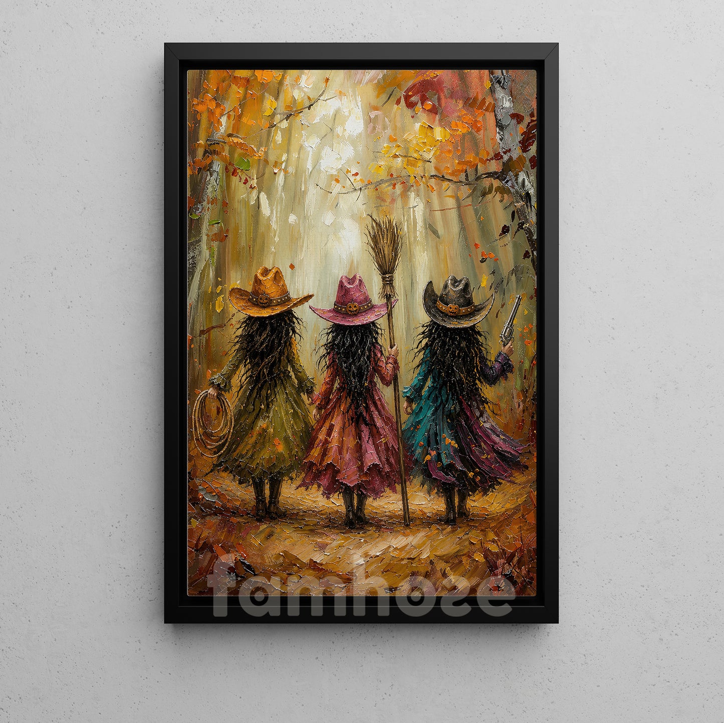 Halloween Three Cowgirl Witches Canvas Painting, Boots, Brooms & Besties Wall Art Decor, Fall Spooky Season Poster Gift For Cowgirls, Witch Lover