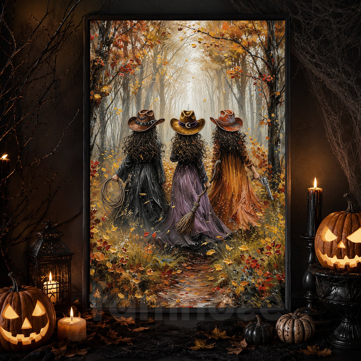 Halloween Three Cowgirl Witches Canvas Painting, Boots, Wild West Witches Ride Together Wall Art Decor, Fall Spooky Season Poster Gift For Cowgirls, Witch Lover