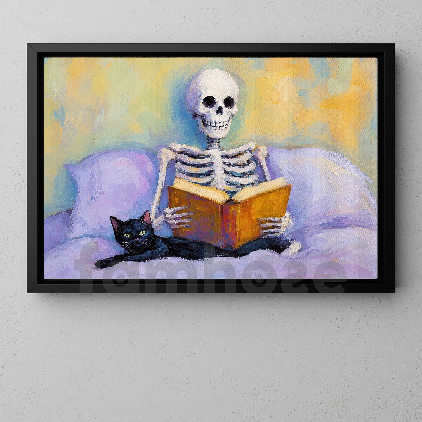 Halloween Skeleton Reading With Cat Canvas Painting, Just One More Chapter Spooky Season Wall Art Decor, Halloween Poster Gift For Skeleton & Cat Lover