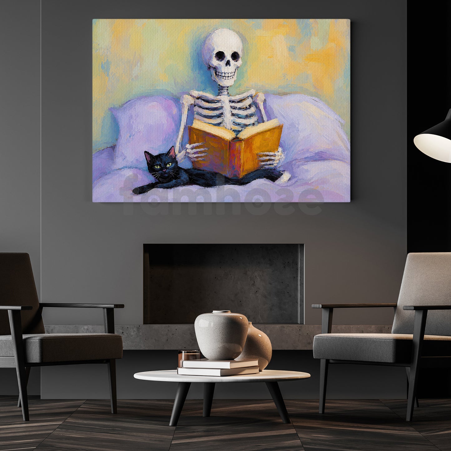 Halloween Skeleton Reading With Cat Canvas Painting, Just One More Chapter Spooky Season Wall Art Decor, Halloween Poster Gift For Skeleton & Cat Lover