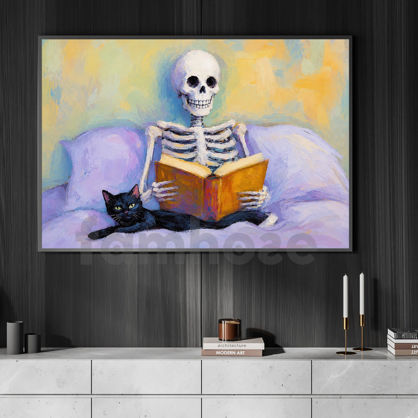 Halloween Skeleton Reading With Cat Canvas Painting, Just One More Chapter Spooky Season Wall Art Decor, Halloween Poster Gift For Skeleton & Cat Lover