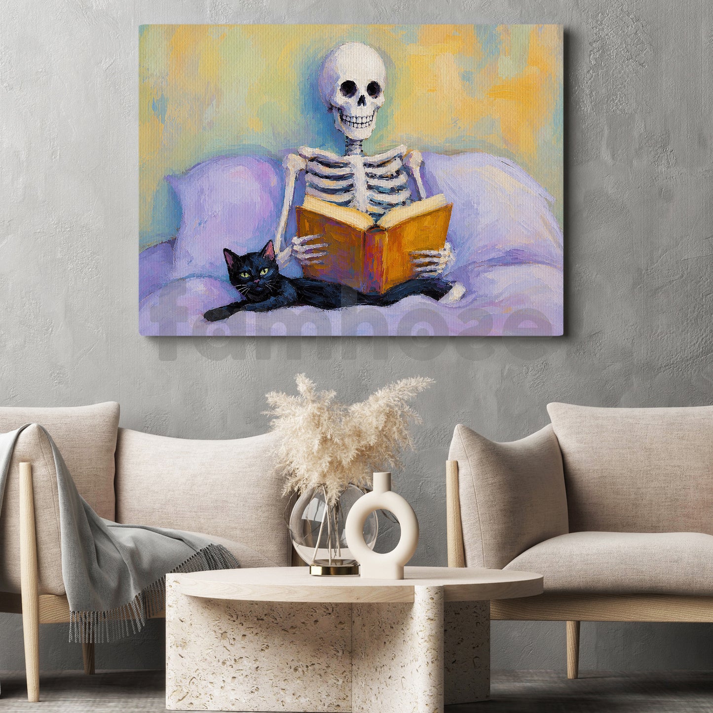 Halloween Skeleton Reading With Cat Canvas Painting, Just One More Chapter Spooky Season Wall Art Decor, Halloween Poster Gift For Skeleton & Cat Lover
