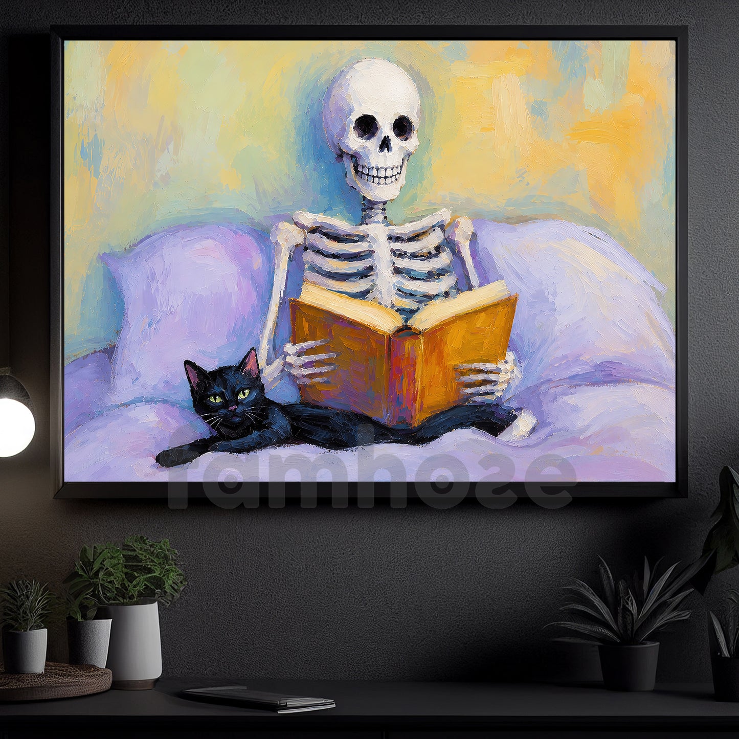 Halloween Skeleton Reading With Cat Canvas Painting, Just One More Chapter Spooky Season Wall Art Decor, Halloween Poster Gift For Skeleton & Cat Lover