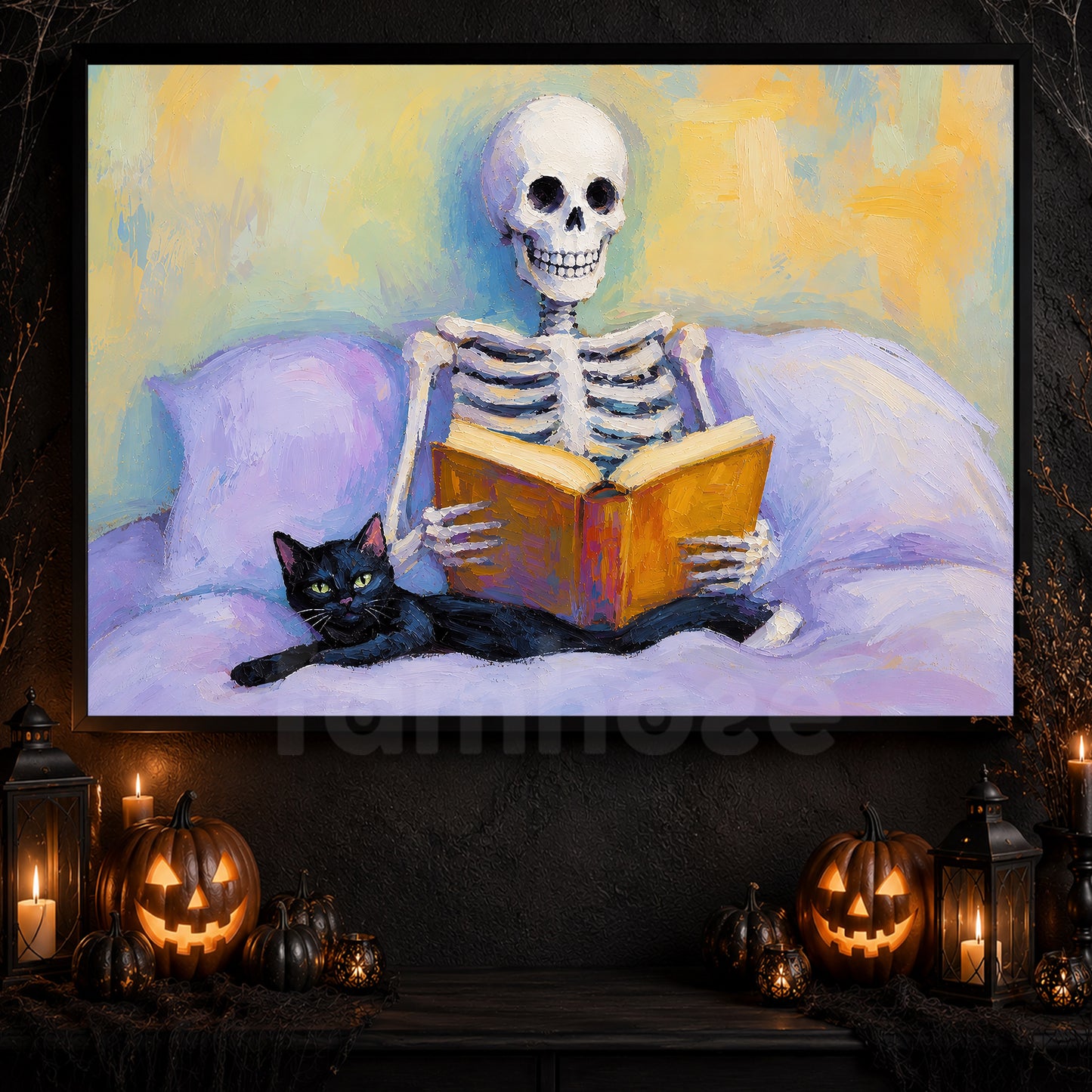 Halloween Skeleton Reading With Cat Canvas Painting, Just One More Chapter Spooky Season Wall Art Decor, Halloween Poster Gift For Skeleton & Cat Lover