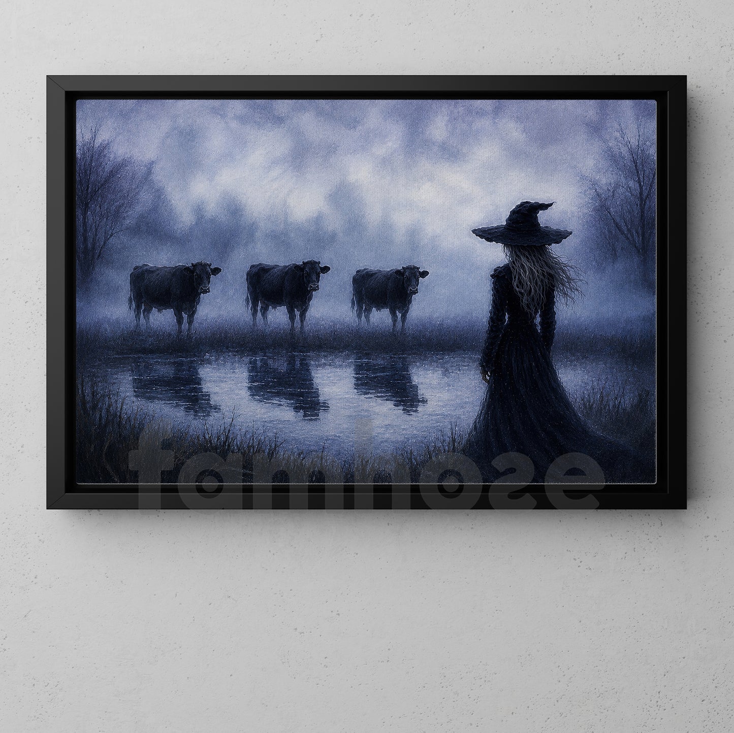Halloween Witch And Cows Canvas Painting, The Witch Who Whispers To Cows Wall Art Decor, Spooky Season Poster Gift For Cow Lover