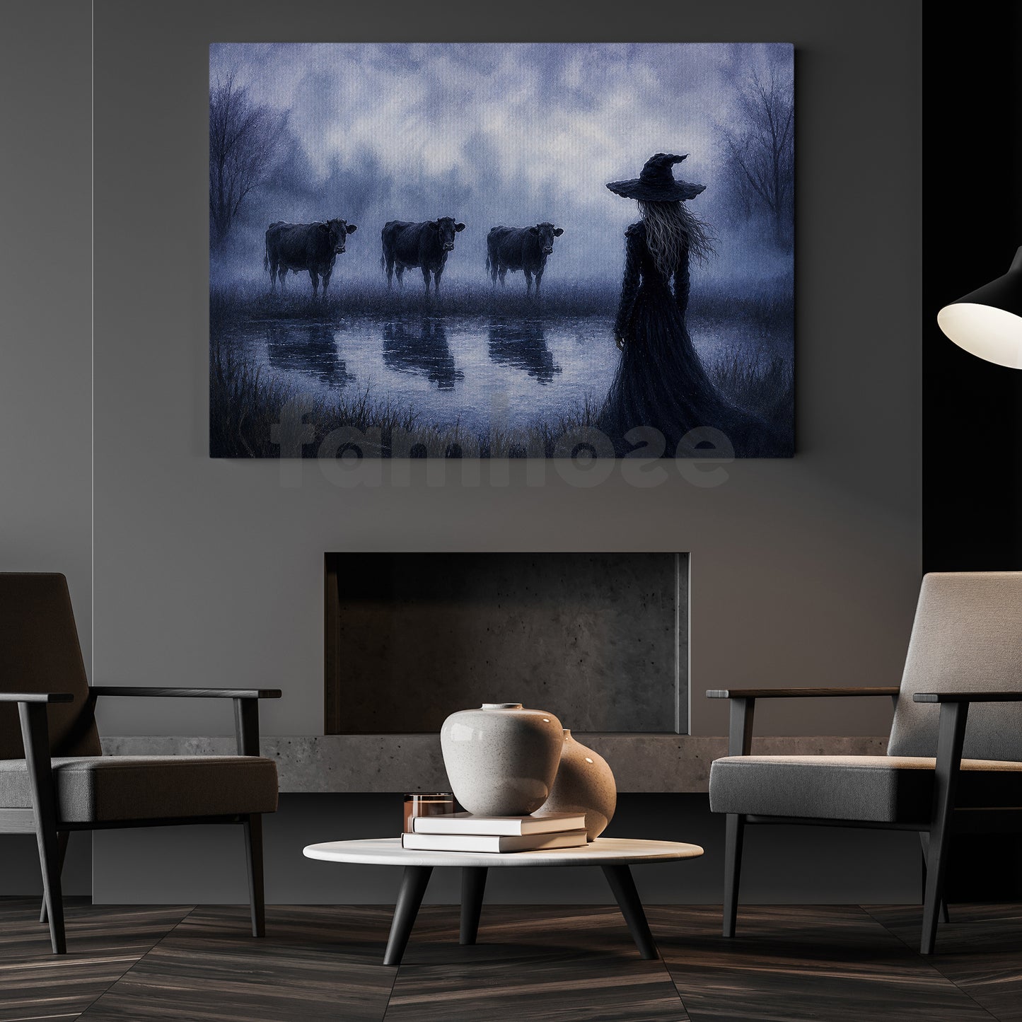 Halloween Witch And Cows Canvas Painting, The Witch Who Whispers To Cows Wall Art Decor, Spooky Season Poster Gift For Cow Lover