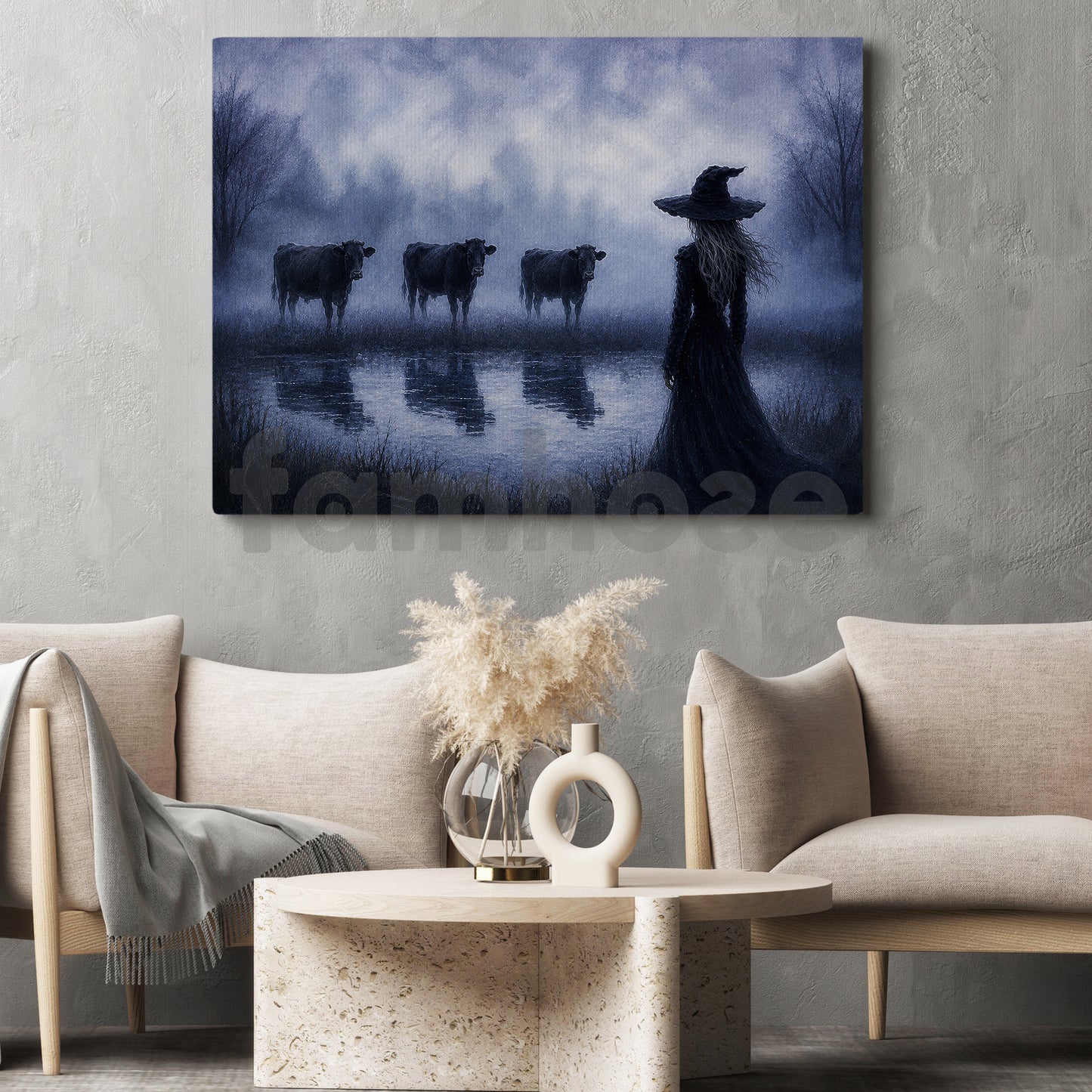 Halloween Witch And Cows Canvas Painting, The Witch Who Whispers To Cows Wall Art Decor, Spooky Season Poster Gift For Cow Lover