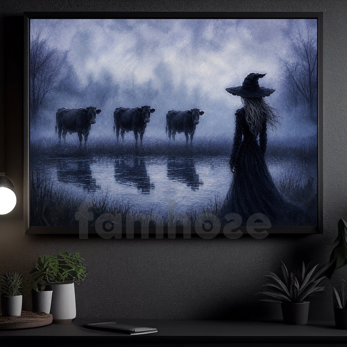 Halloween Witch And Cows Canvas Painting, The Witch Who Whispers To Cows Wall Art Decor, Spooky Season Poster Gift For Cow Lover