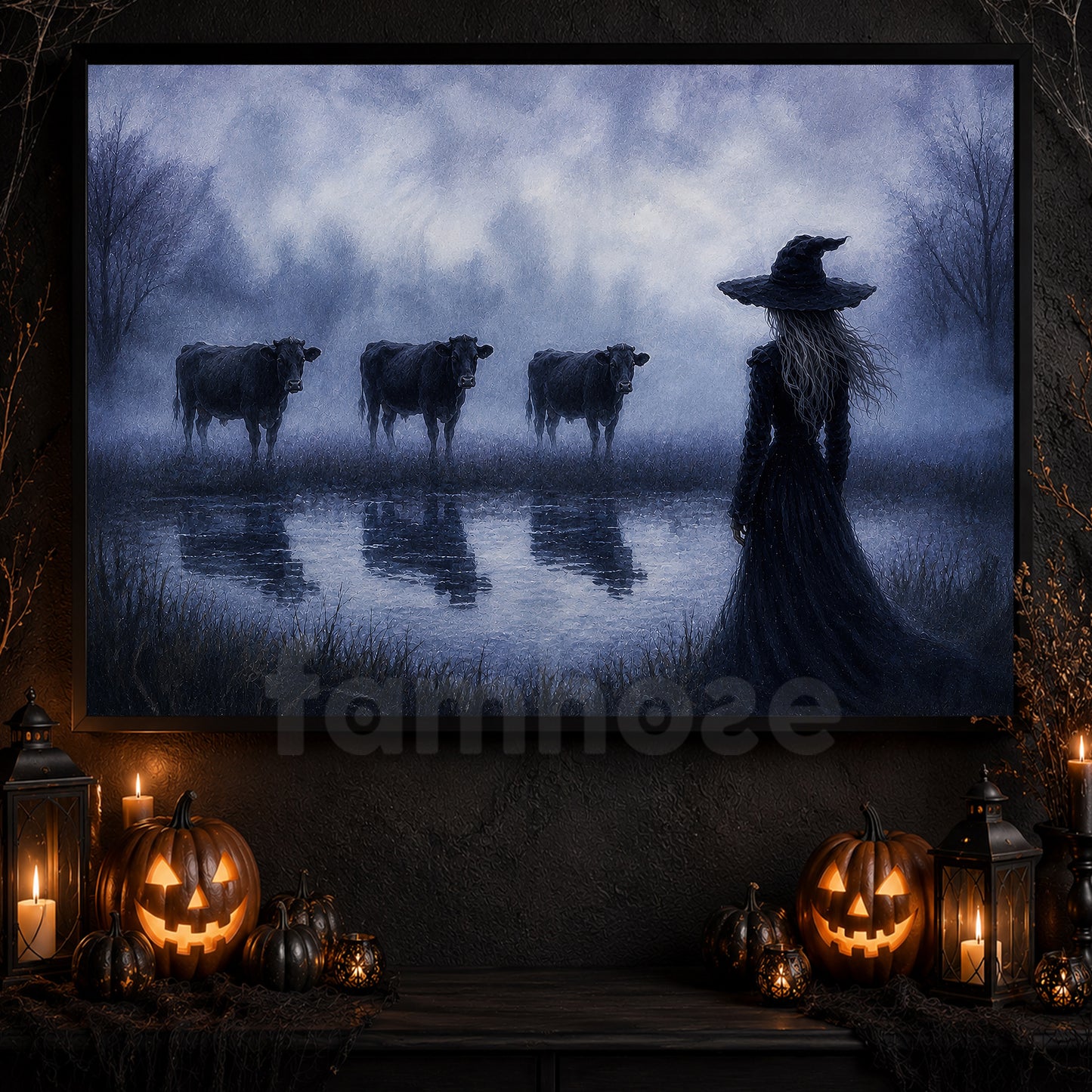 Halloween Witch And Cows Canvas Painting, The Witch Who Whispers To Cows Wall Art Decor, Spooky Season Poster Gift For Cow Lover