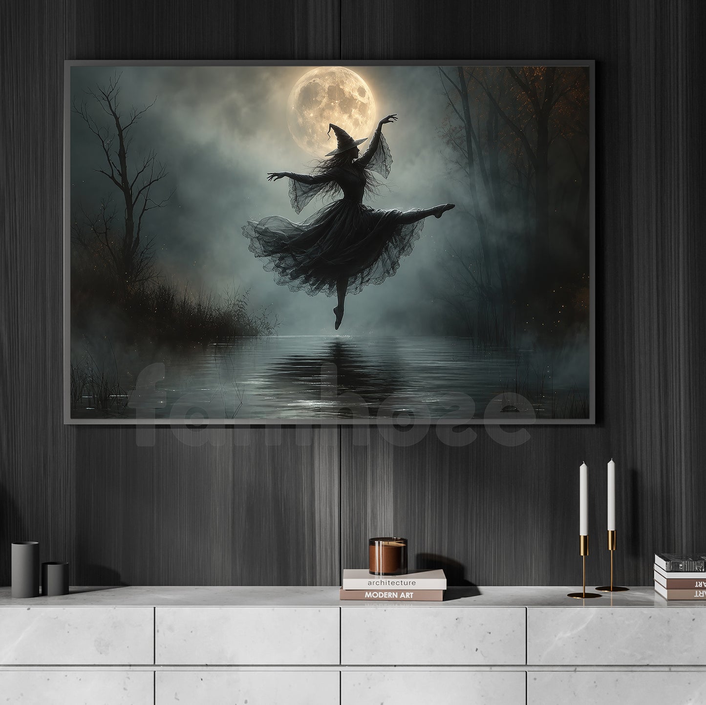 Halloween Ballet Witch Canvas Painting, Dance With The Moon Spooky Season Wall Art Decor, Halloween Poster Gift For Ballerina, Witch Lover