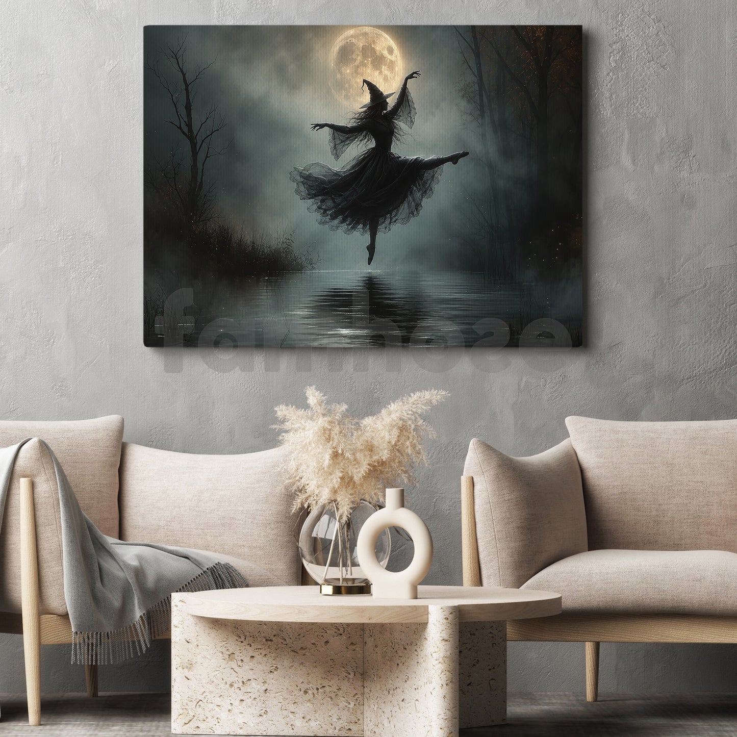 Halloween Ballet Witch Canvas Painting, Dance With The Moon Spooky Season Wall Art Decor, Halloween Poster Gift For Ballerina, Witch Lover