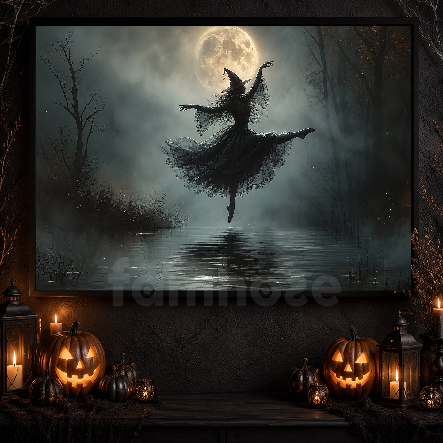 Halloween Ballet Witch Canvas Painting, Dance With The Moon Spooky Season Wall Art Decor, Halloween Poster Gift For Ballerina, Witch Lover