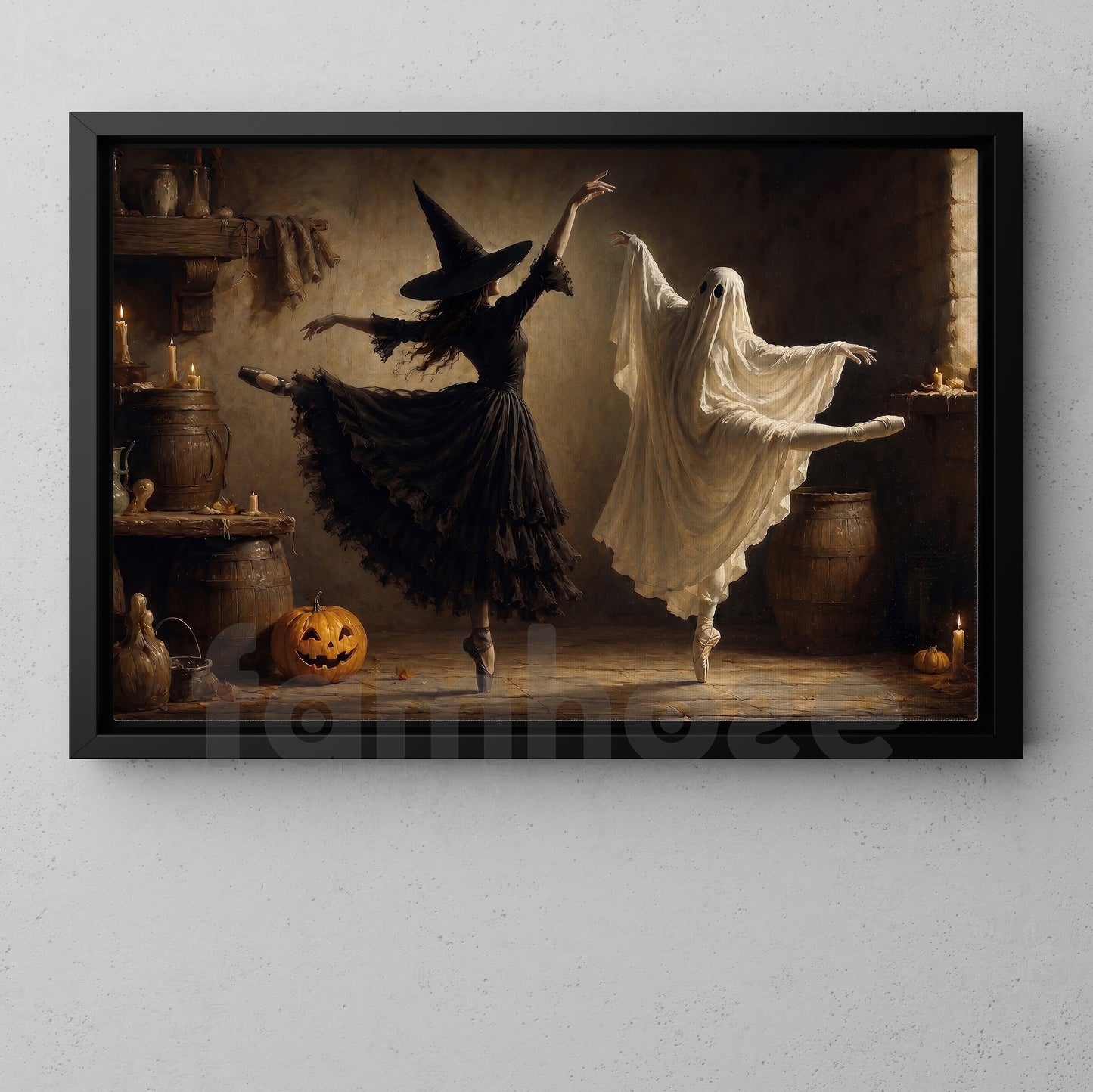 Halloween Ballet Witch Ghost Canvas Painting, One Last Dance Before Midnight Wall Art Decor, Spooky Season Poster Gift For Ballerina, Ballet Lover