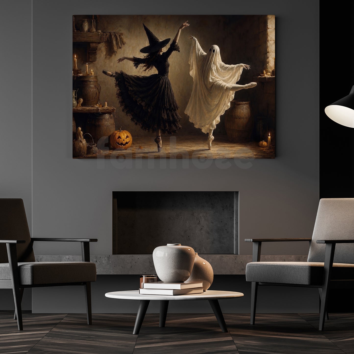 Halloween Ballet Witch Ghost Canvas Painting, One Last Dance Before Midnight Wall Art Decor, Spooky Season Poster Gift For Ballerina, Ballet Lover