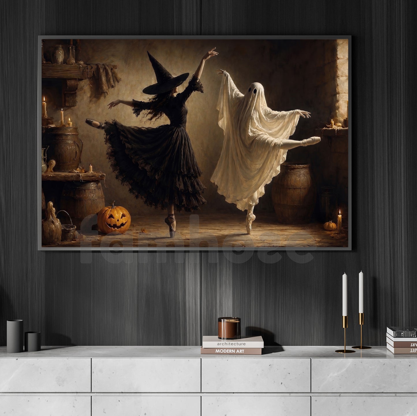 Halloween Ballet Witch Ghost Canvas Painting, One Last Dance Before Midnight Wall Art Decor, Spooky Season Poster Gift For Ballerina, Ballet Lover