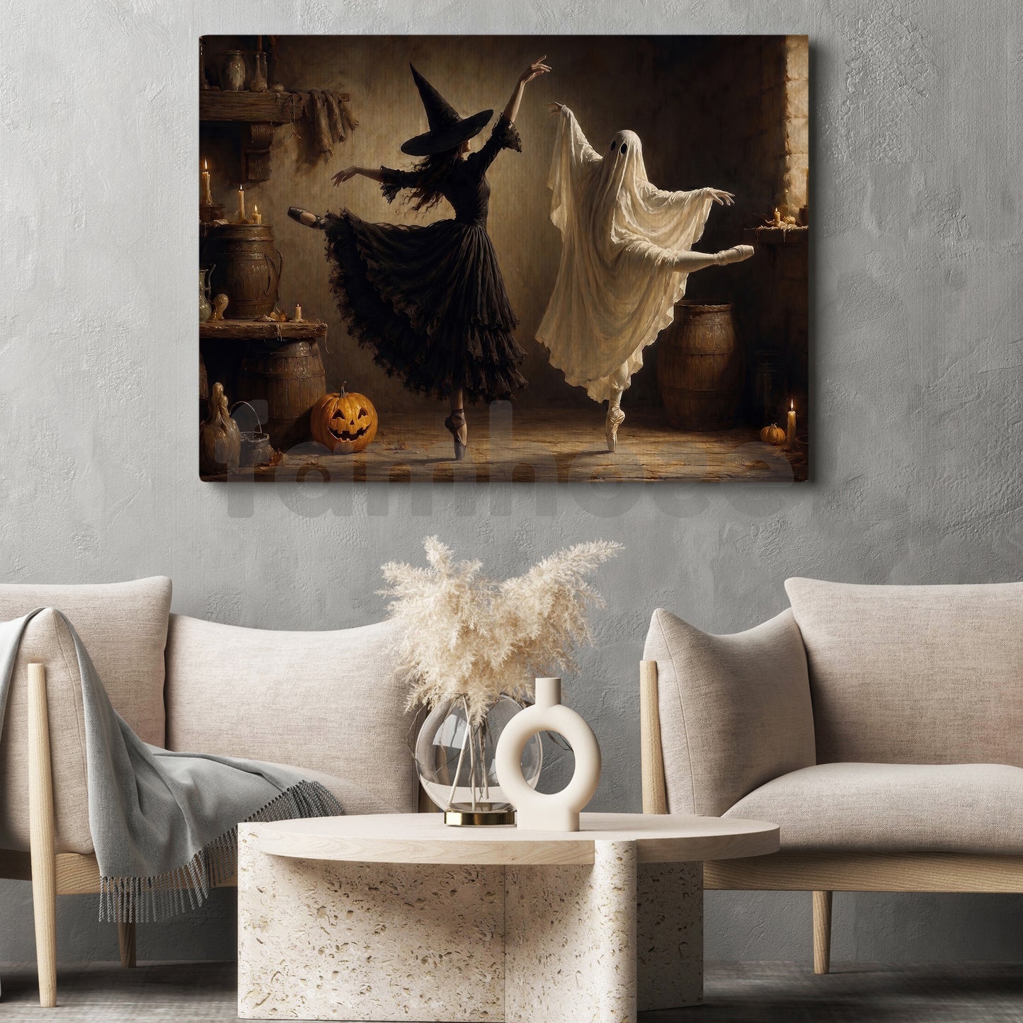 Halloween Ballet Witch Ghost Canvas Painting, One Last Dance Before Midnight Wall Art Decor, Spooky Season Poster Gift For Ballerina, Ballet Lover