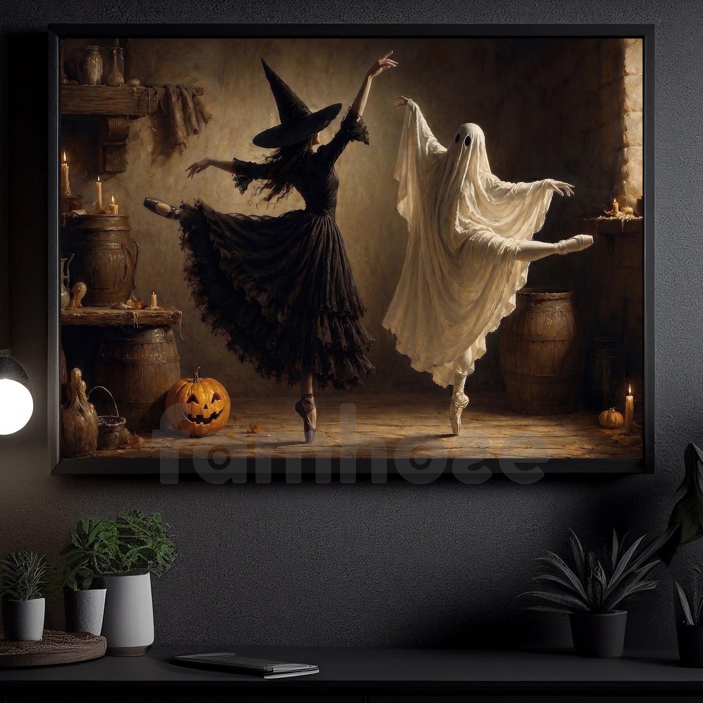Halloween Ballet Witch Ghost Canvas Painting, One Last Dance Before Midnight Wall Art Decor, Spooky Season Poster Gift For Ballerina, Ballet Lover