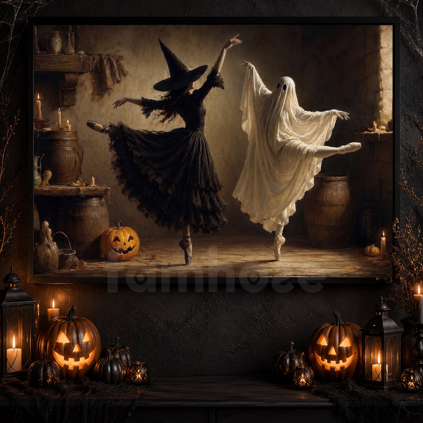Halloween Ballet Witch Ghost Canvas Painting, One Last Dance Before Midnight Wall Art Decor, Spooky Season Poster Gift For Ballerina, Ballet Lover